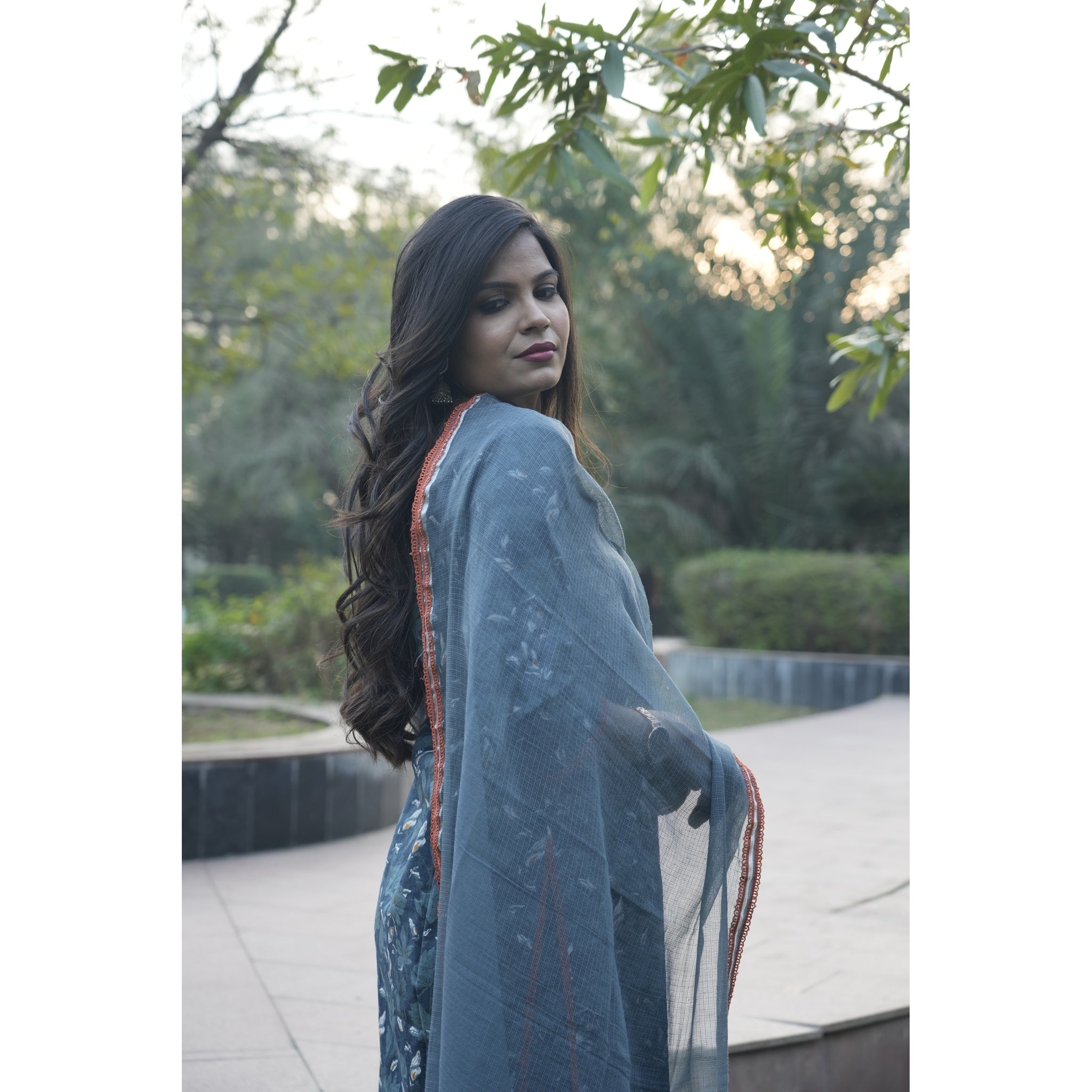 Indigo Blue Floral Print Anarkali Kurta Set with Chanderi Dupatta