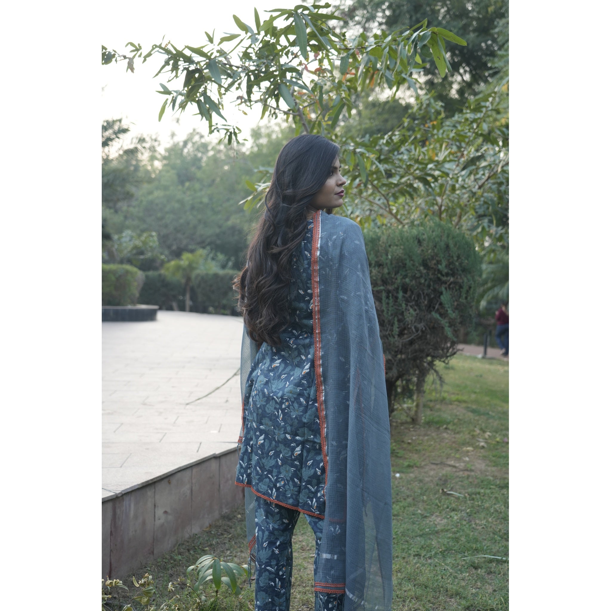 Indigo Blue Floral Print Anarkali Kurta Set with Chanderi Dupatta