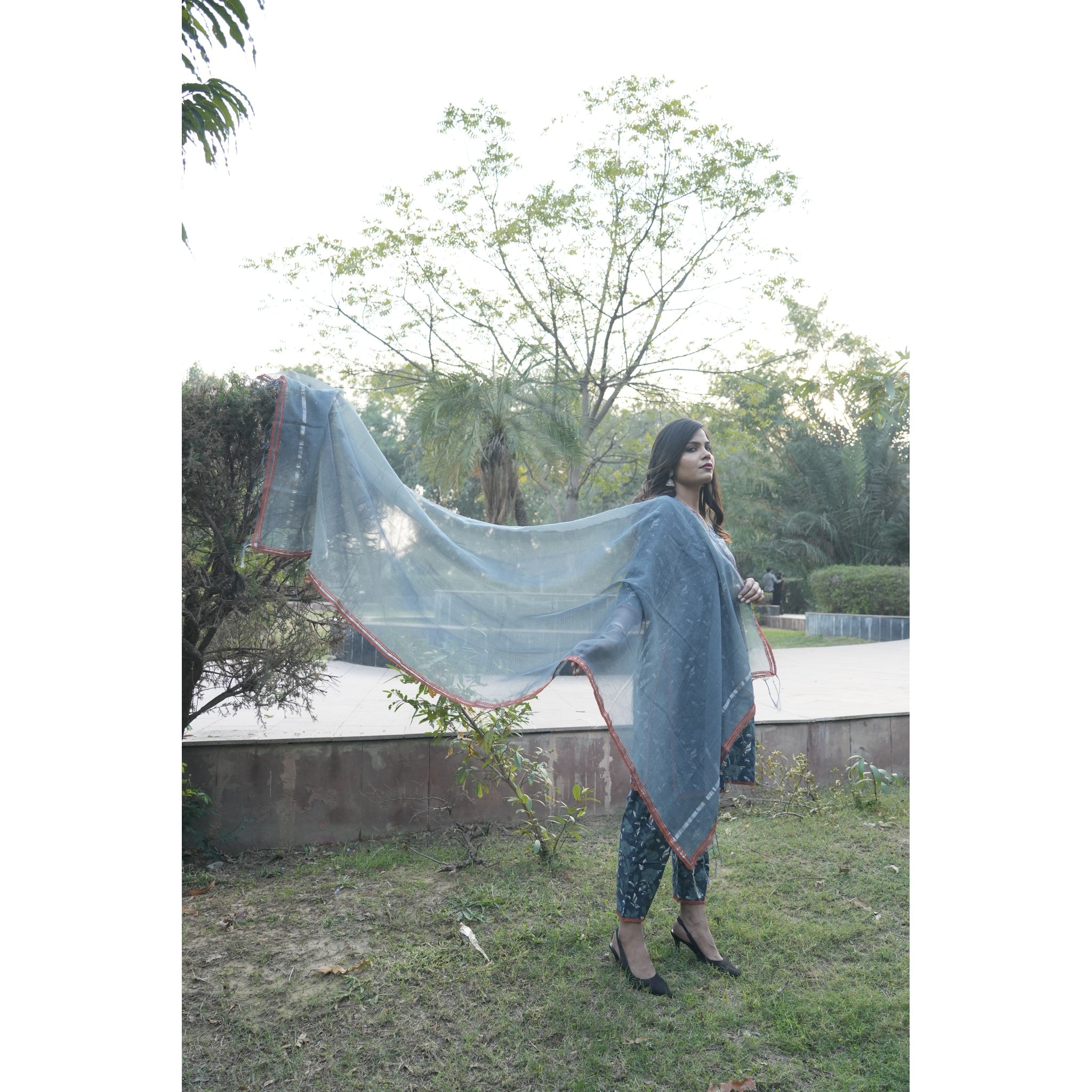 Indigo Blue Floral Print Anarkali Kurta Set with Chanderi Dupatta