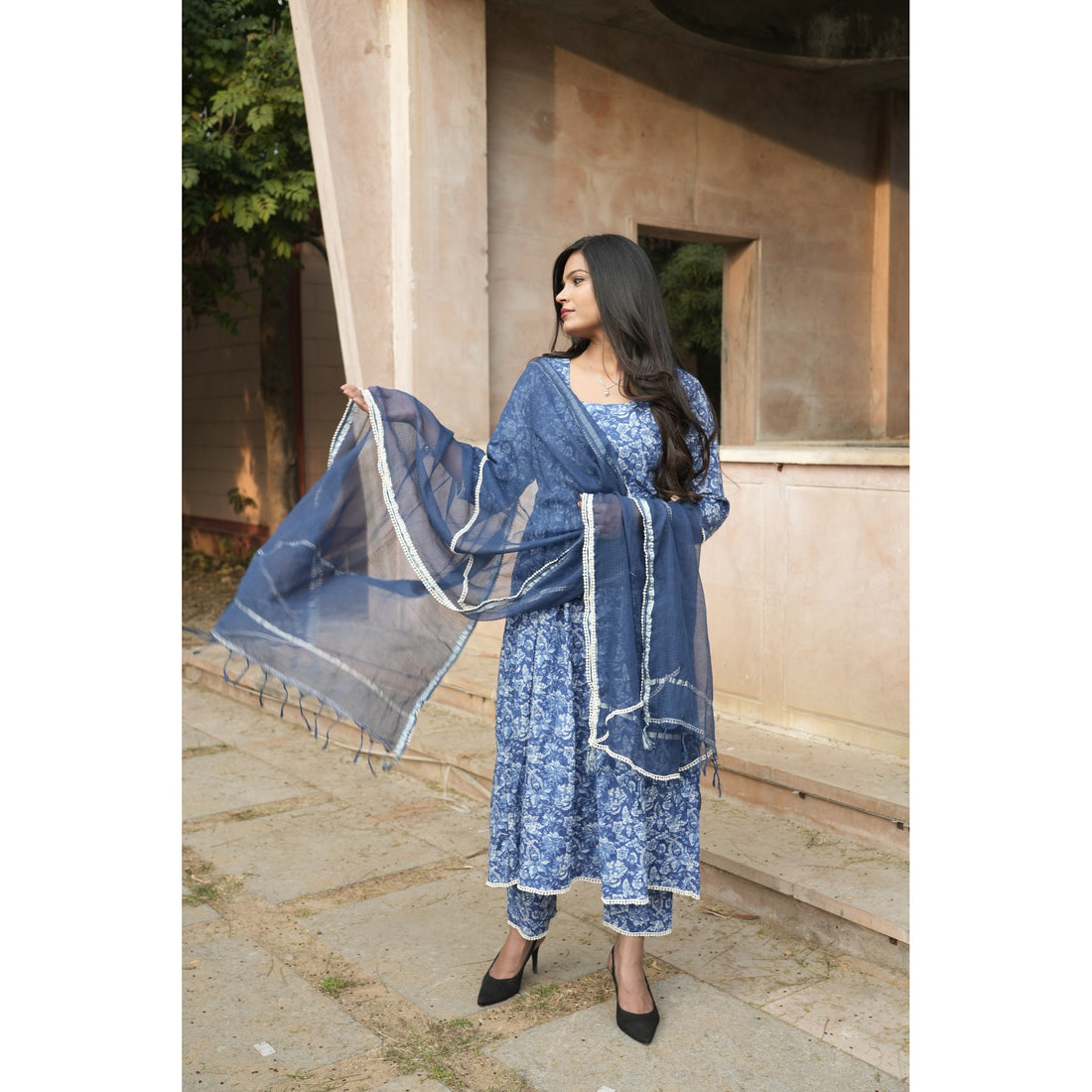 Indigo Blue Floral Print Anarkali Kurta Set with Chanderi Dupatta