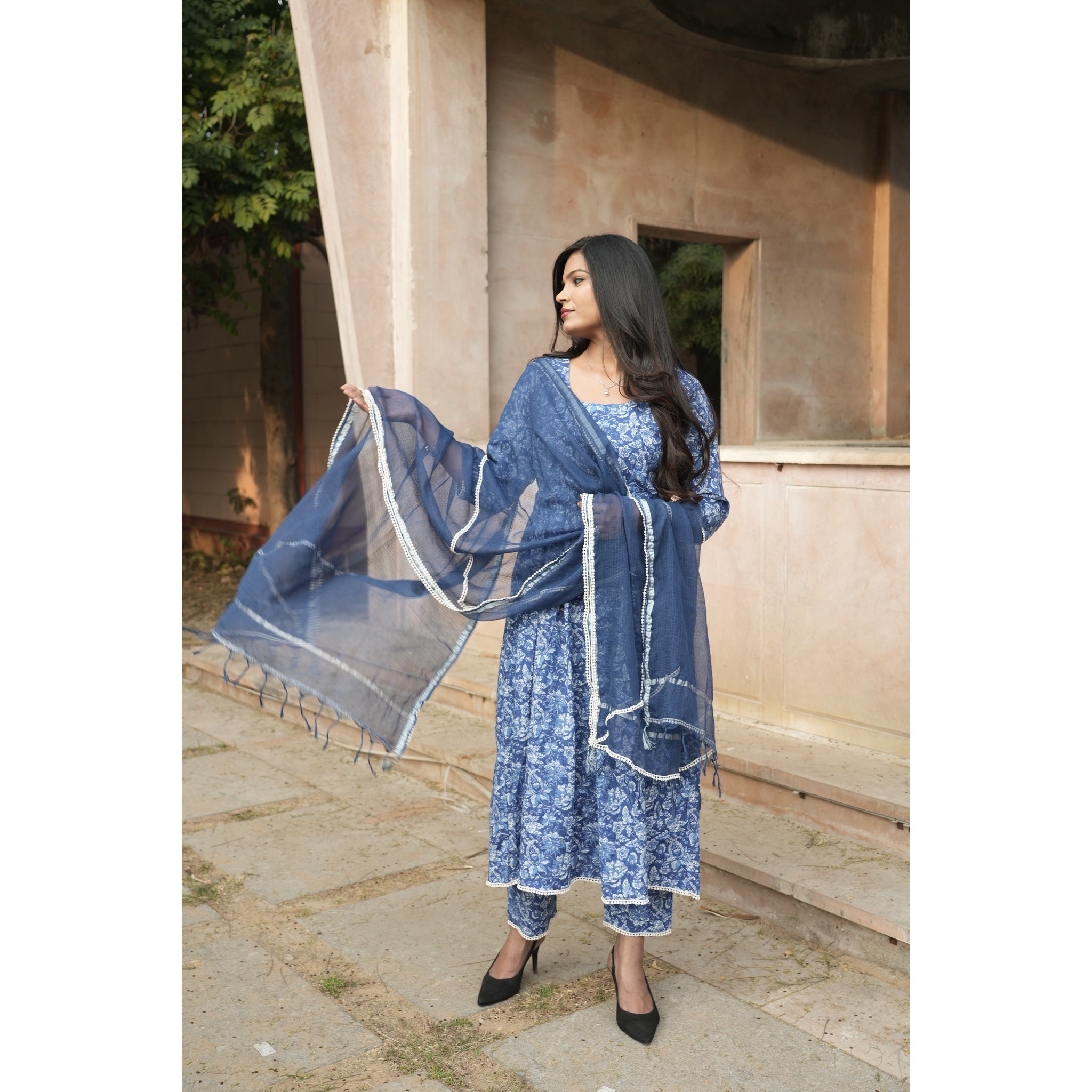 Indigo Blue Floral Print Anarkali Kurta Set with Chanderi Dupatta