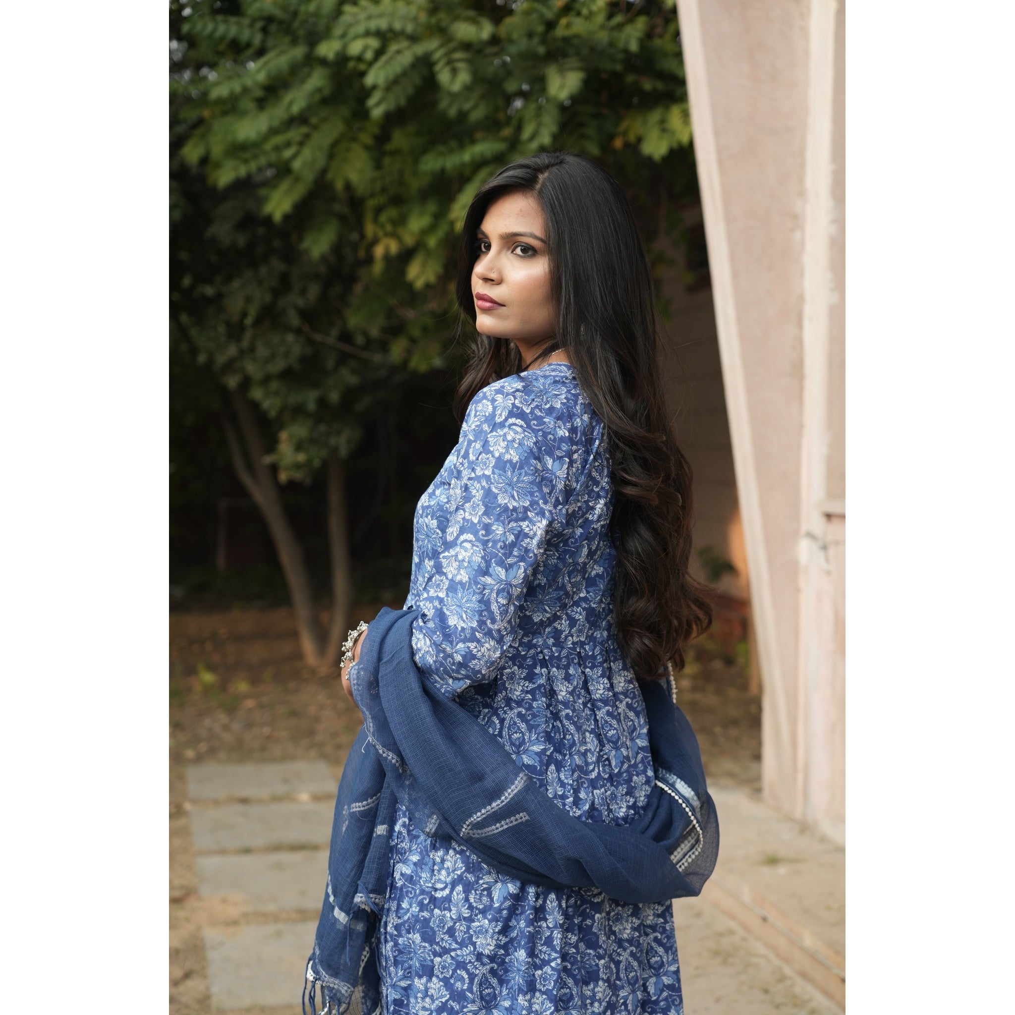 Indigo Blue Floral Print Anarkali Kurta Set with Chanderi Dupatta