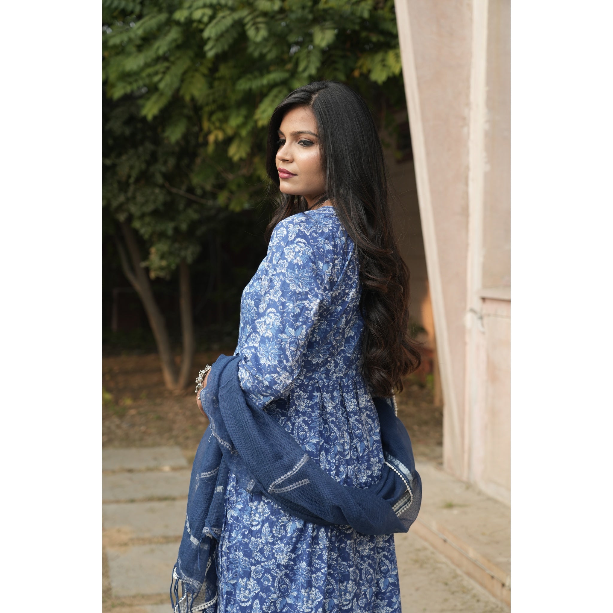 Indigo Blue Floral Print Anarkali Kurta Set with Chanderi Dupatta