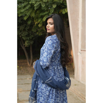 Indigo Blue Floral Print Anarkali Kurta Set with Chanderi Dupatta
