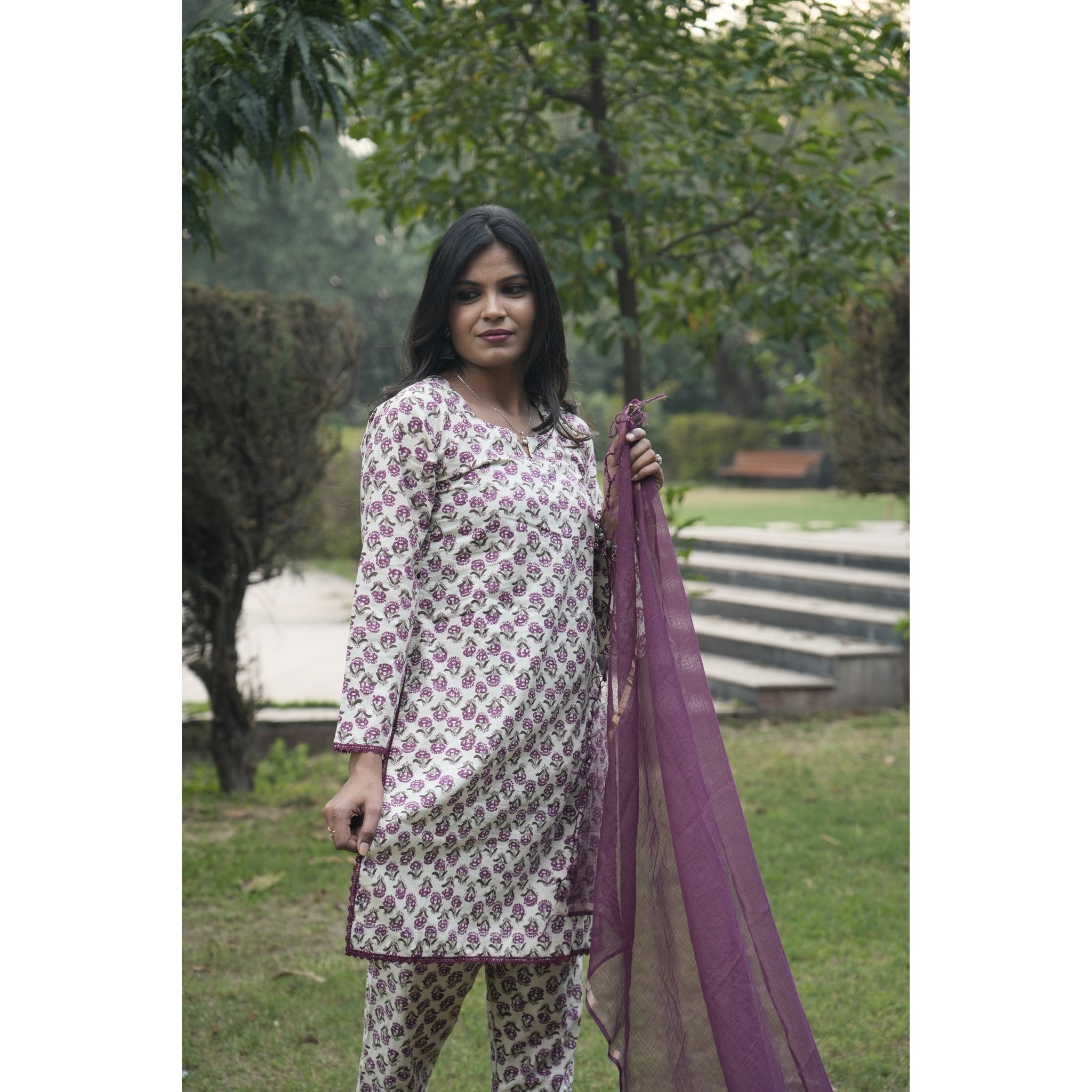 Floral Bloom Cotton Kurta Set with Chiffon Dupatta