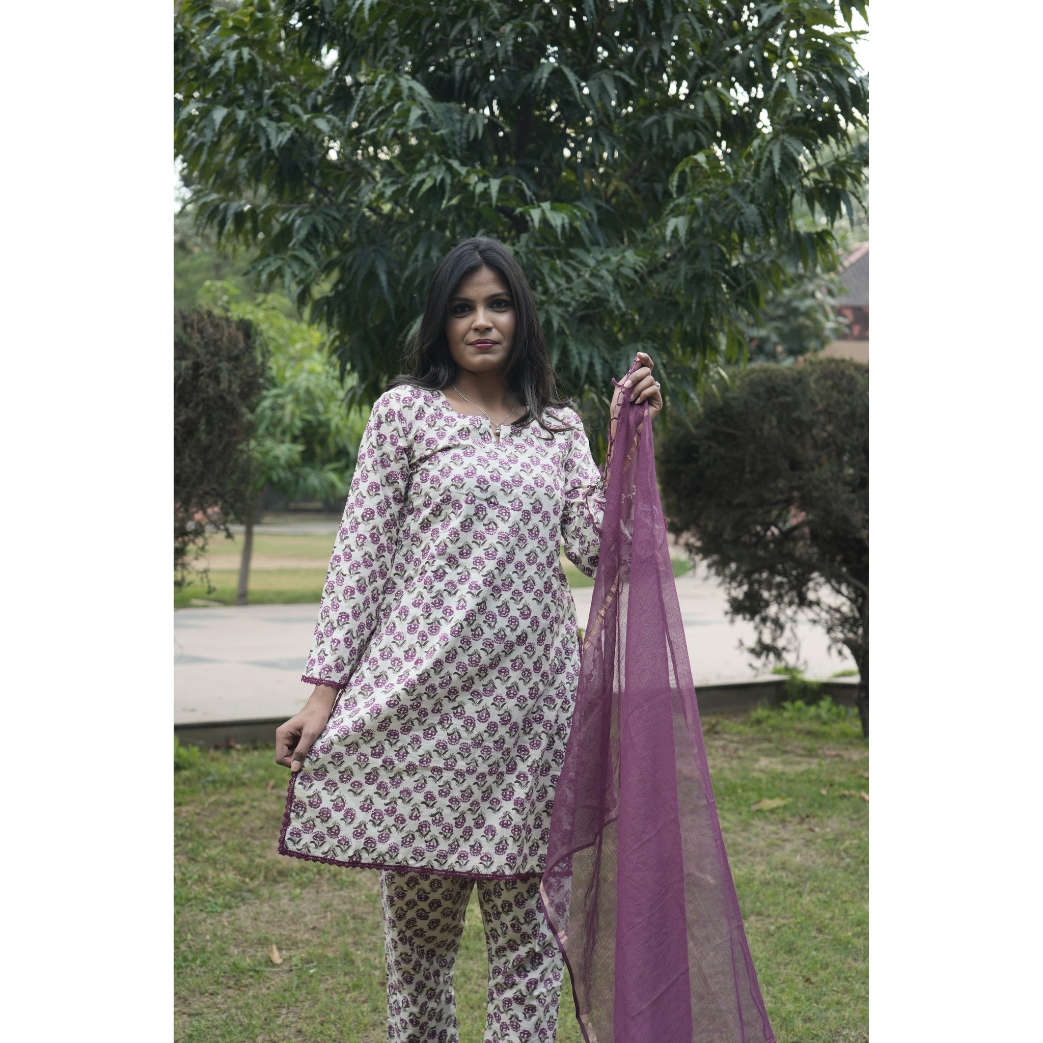Floral Bloom Cotton Kurta Set with Chiffon Dupatta