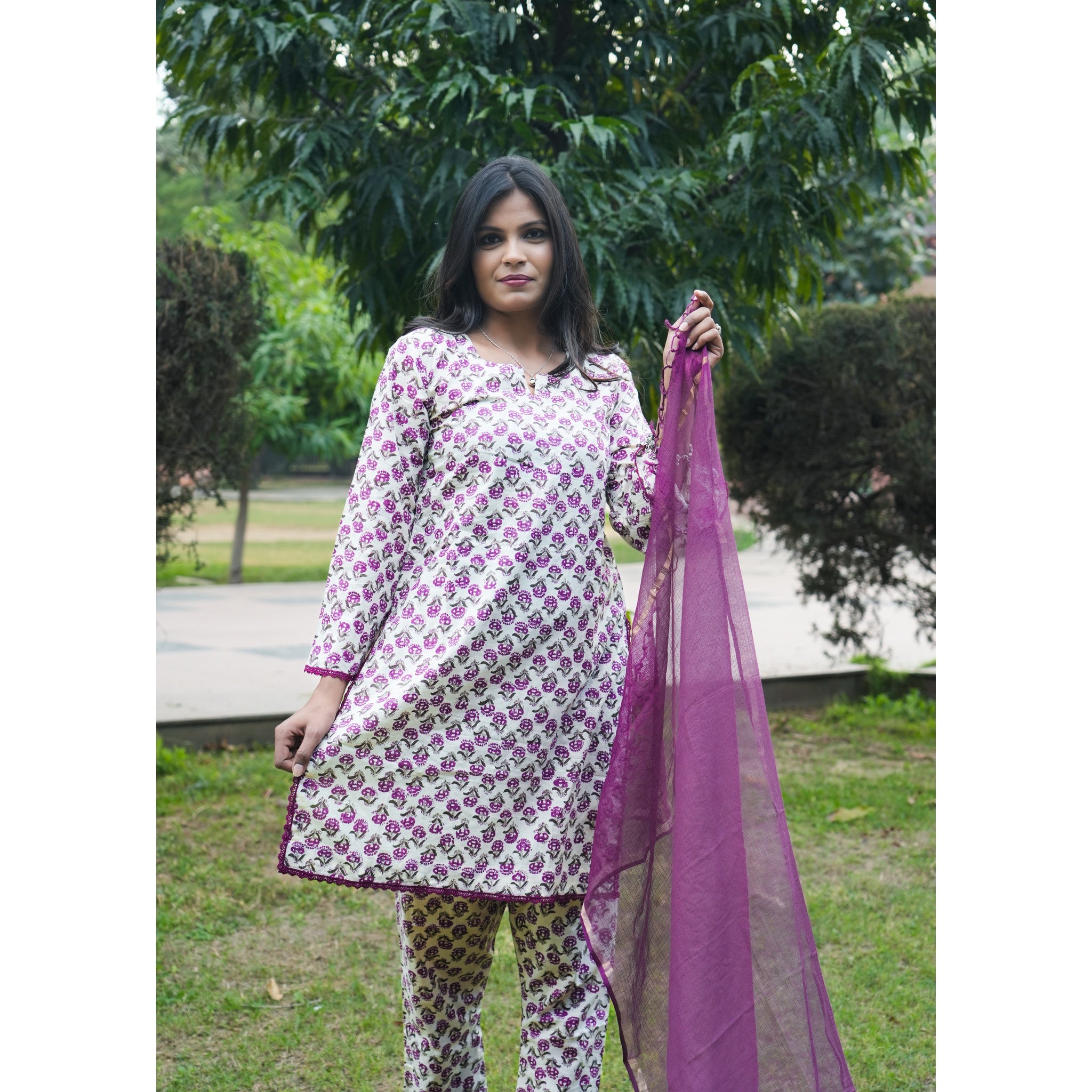 Floral Bloom Cotton Kurta Set with Chiffon Dupatta