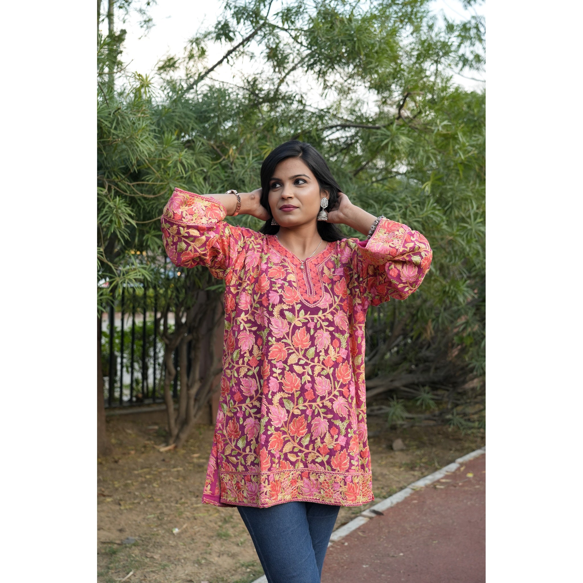 Magenta Embroidered Kashmiri Style Woolen Kurti