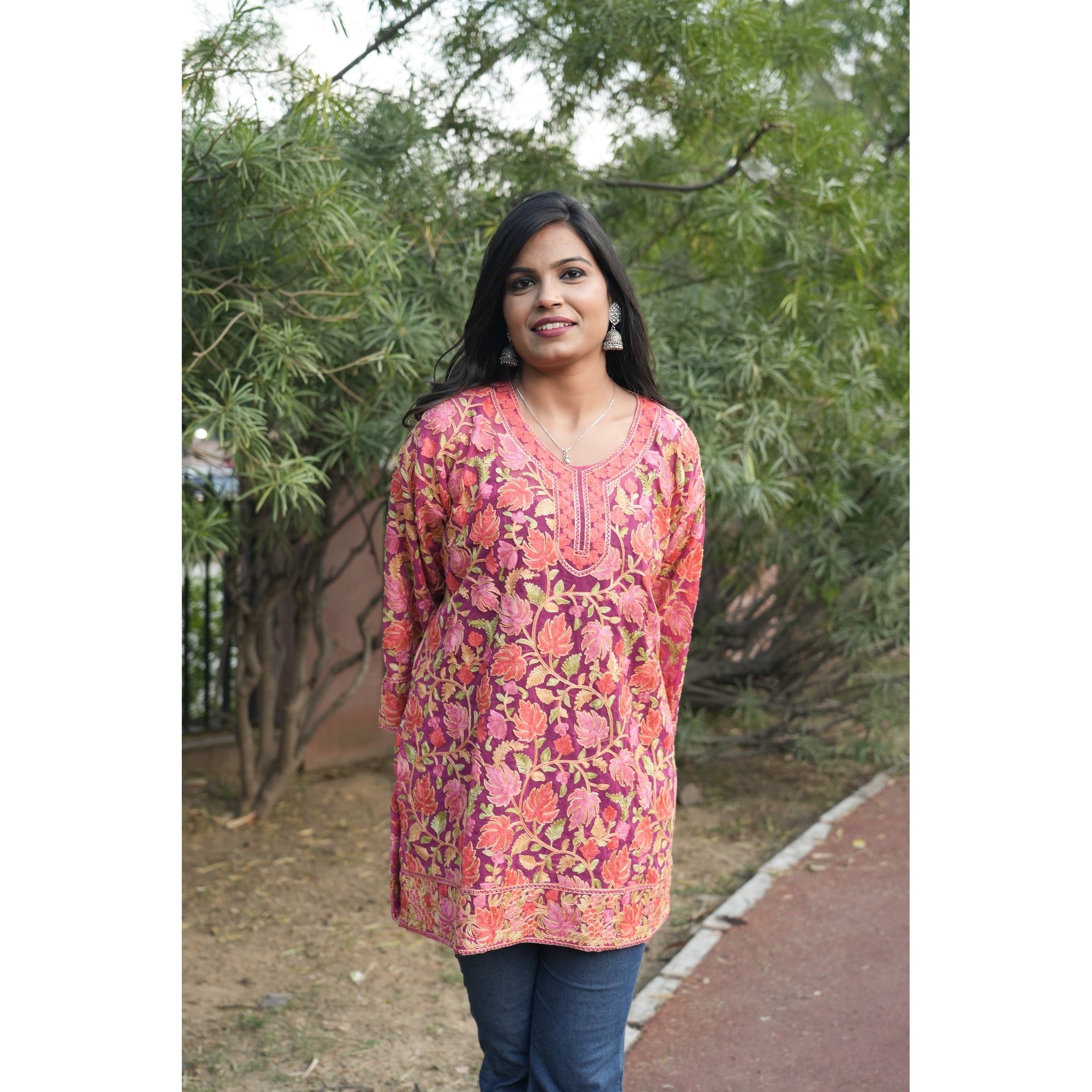 Magenta Embroidered Kashmiri Style Woolen Kurti