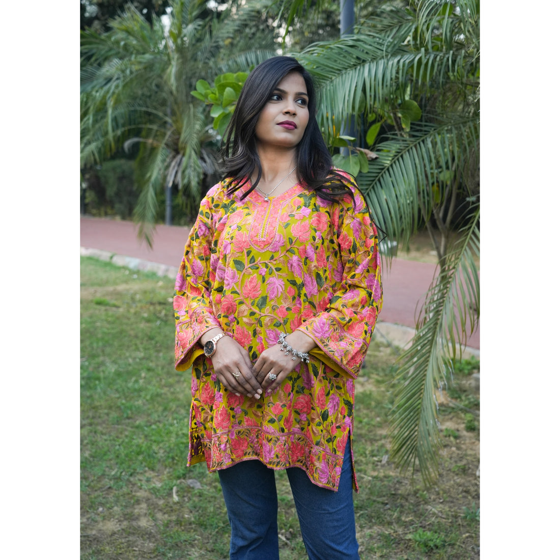 Mustard Yellow Floral Embroidered Kurti with Pink Thread Work