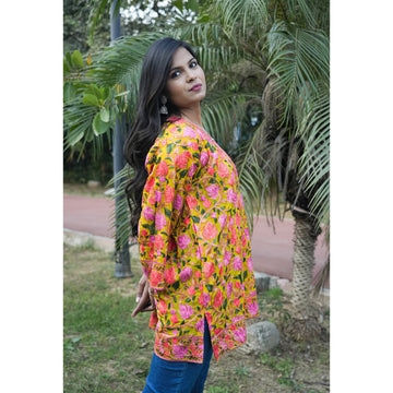 Mustard Yellow Floral Embroidered Kurti with Pink Thread Work