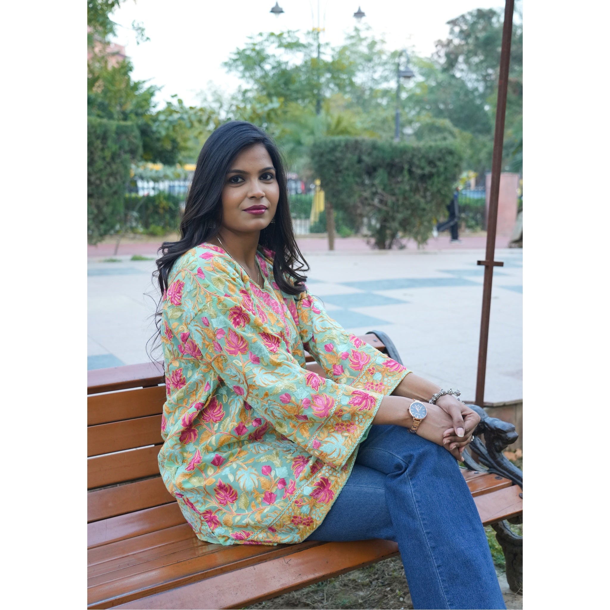 Seafoam Green Kashmiri Embroidered Woolen Kurti