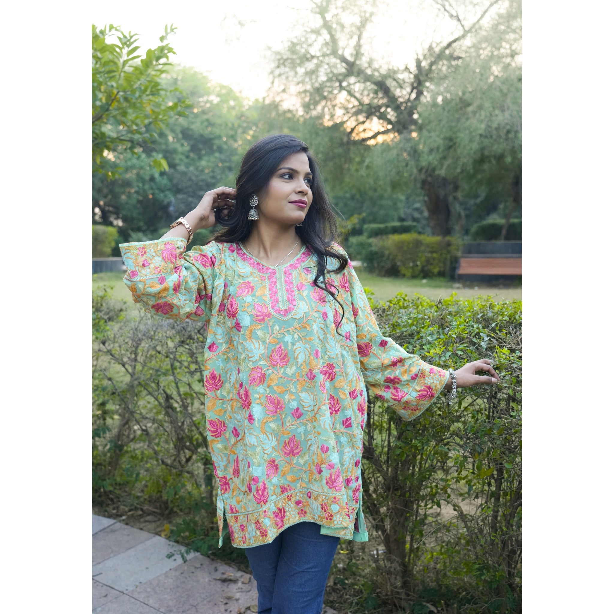 Seafoam Green Kashmiri Embroidered Woolen Kurti