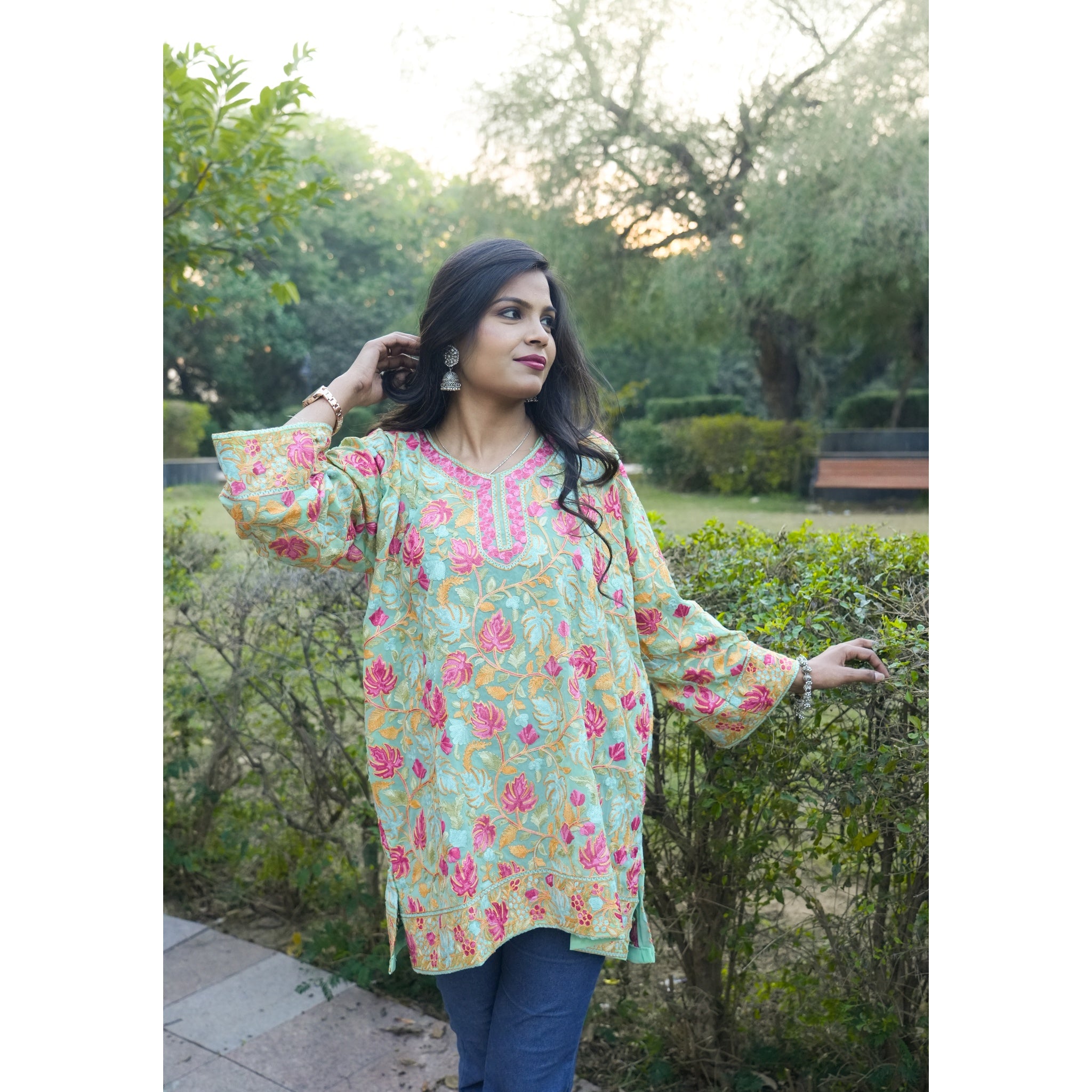 Seafoam Green Kashmiri Embroidered Woolen Kurti