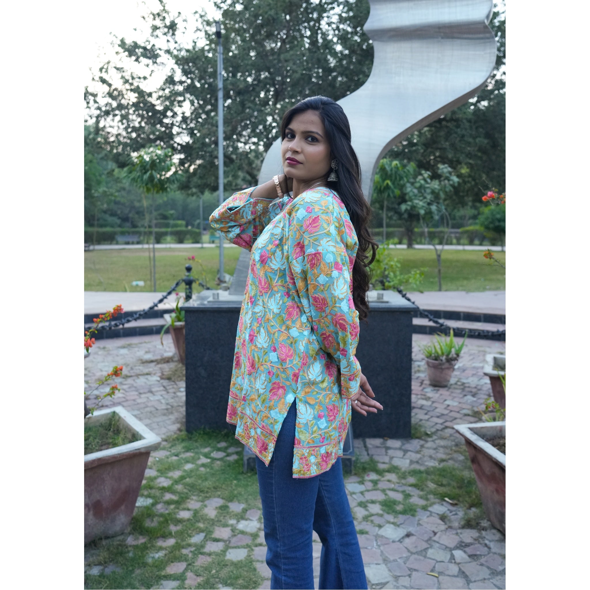 Seafoam Green Kashmiri Embroidered Woolen Kurti