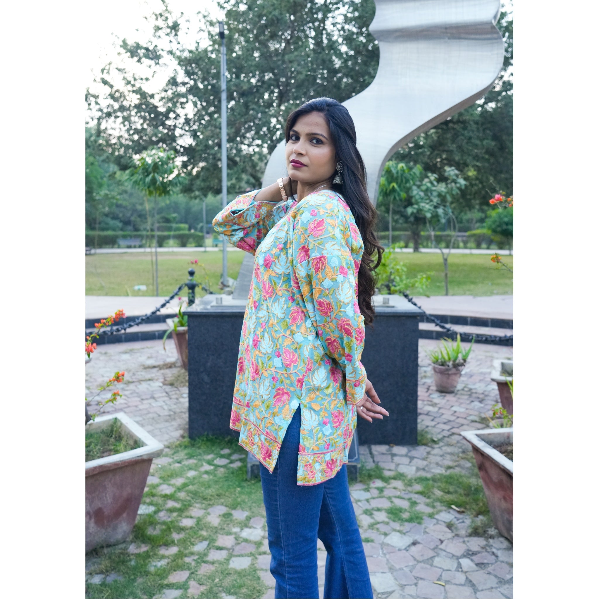 Seafoam Green Kashmiri Embroidered Woolen Kurti