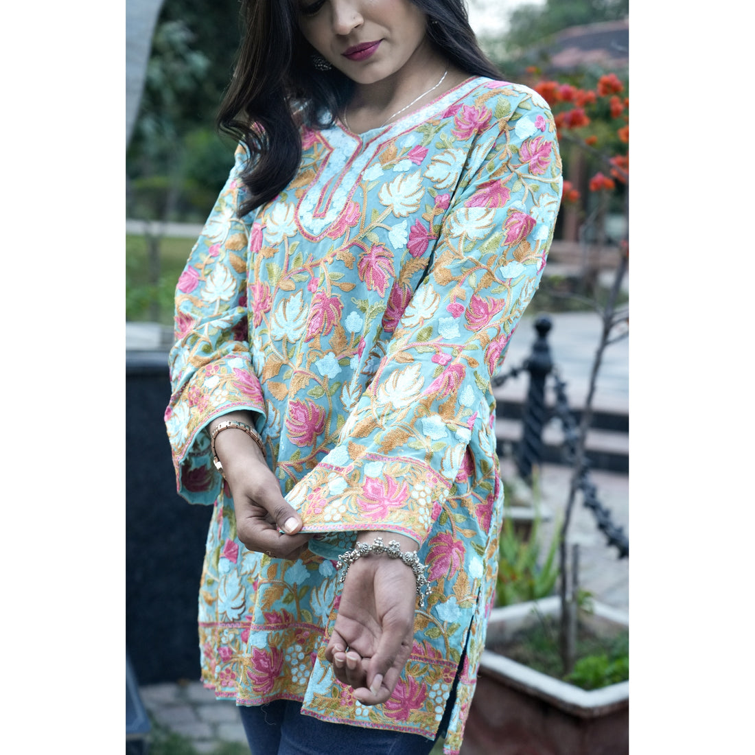 Seafoam Green Kashmiri Embroidered Woolen Kurti