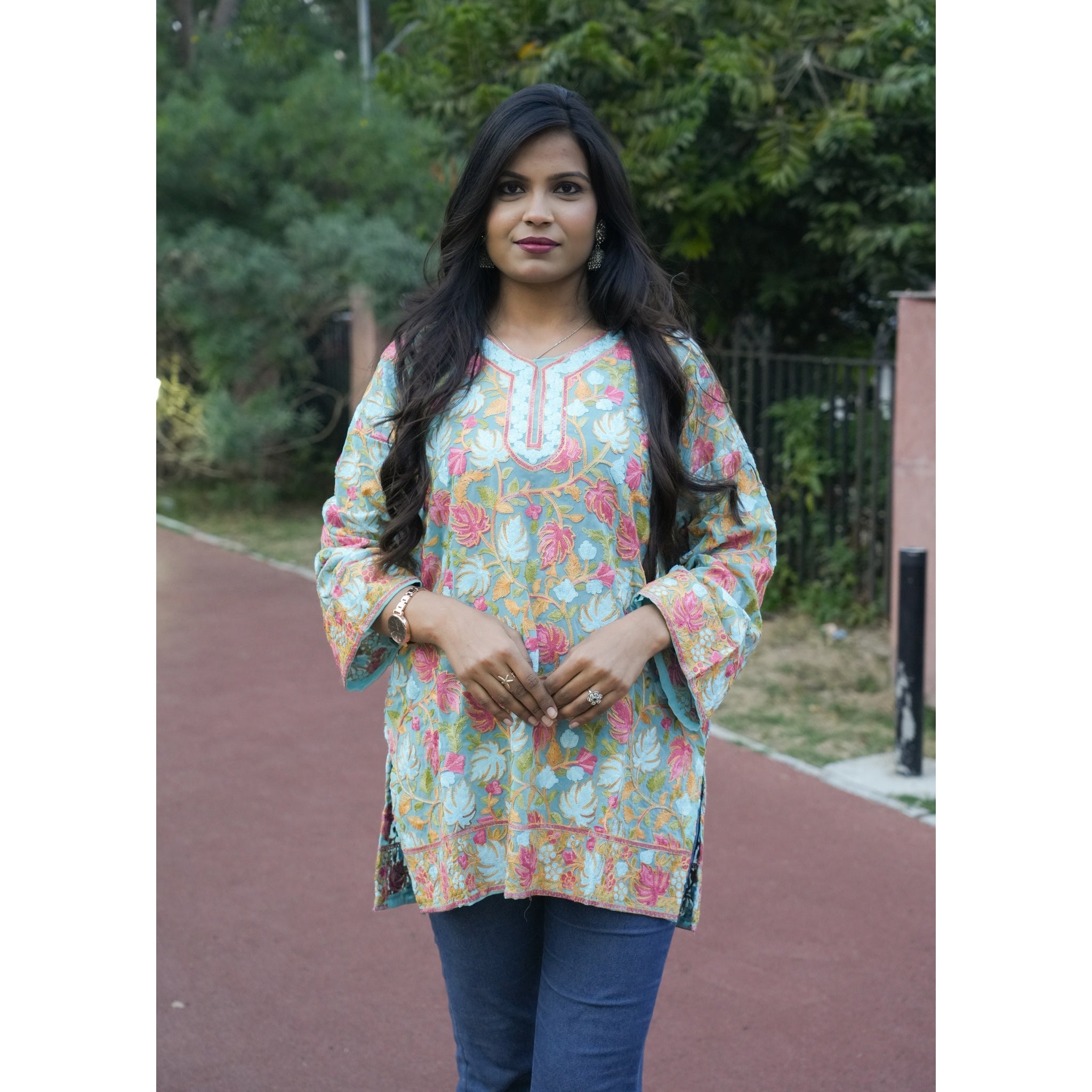 Seafoam Green Kashmiri Embroidered Woolen Kurti