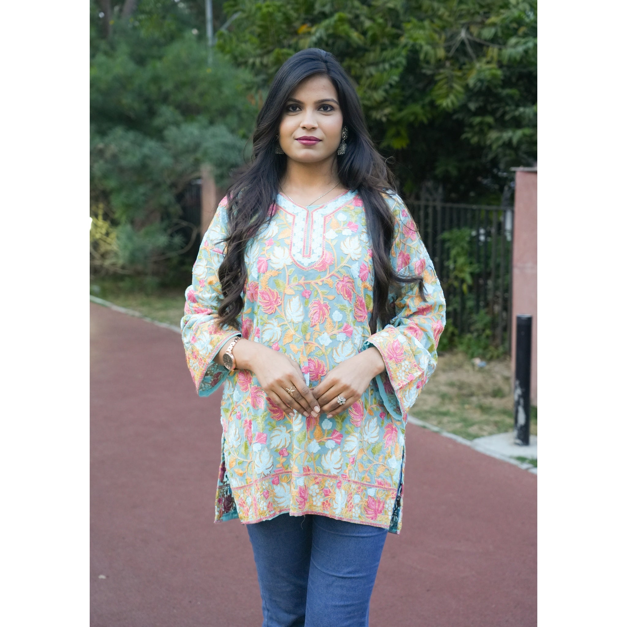 Seafoam Green Kashmiri Embroidered Woolen Kurti