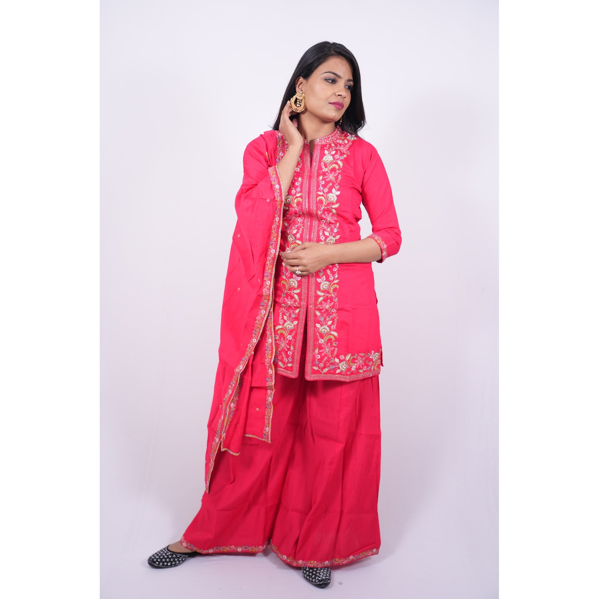 Hot Pink Embroidered Short Kurti & Sharara Set