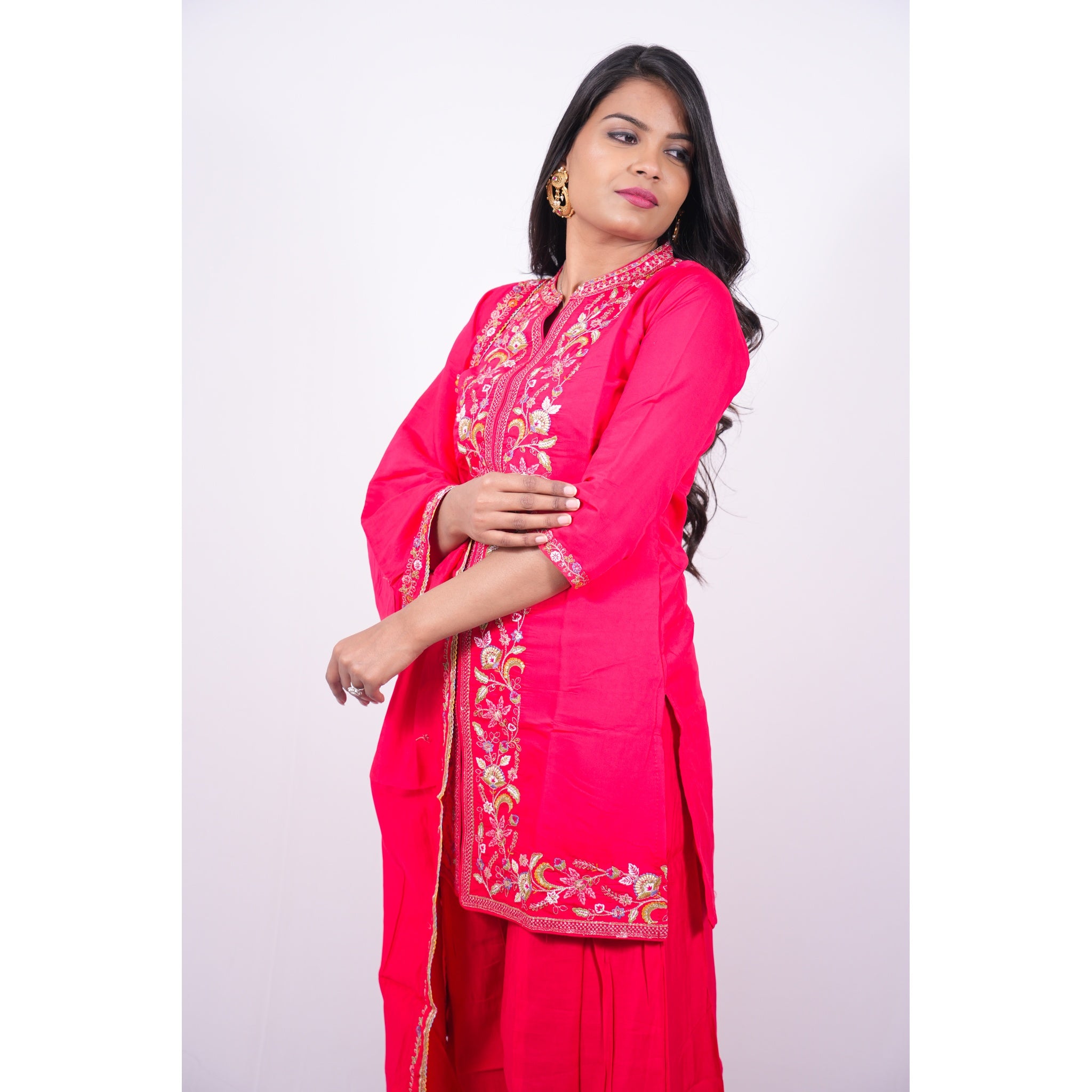 Hot Pink Embroidered Short Kurti & Sharara Set