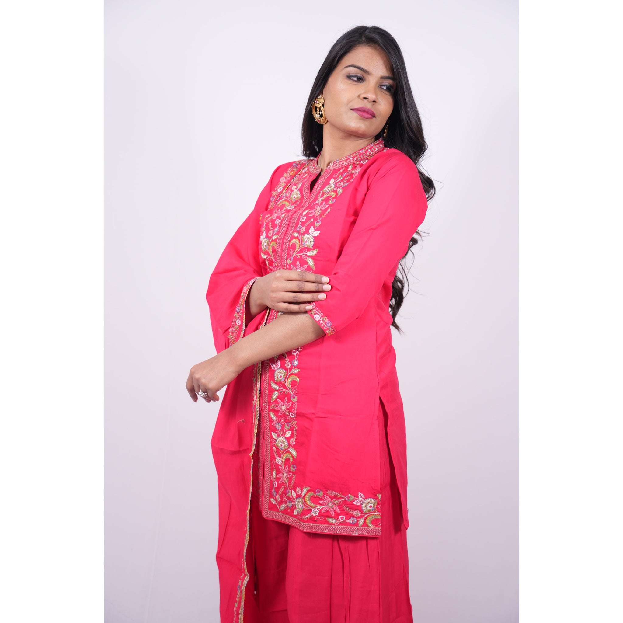 Hot Pink Embroidered Short Kurti & Sharara Set