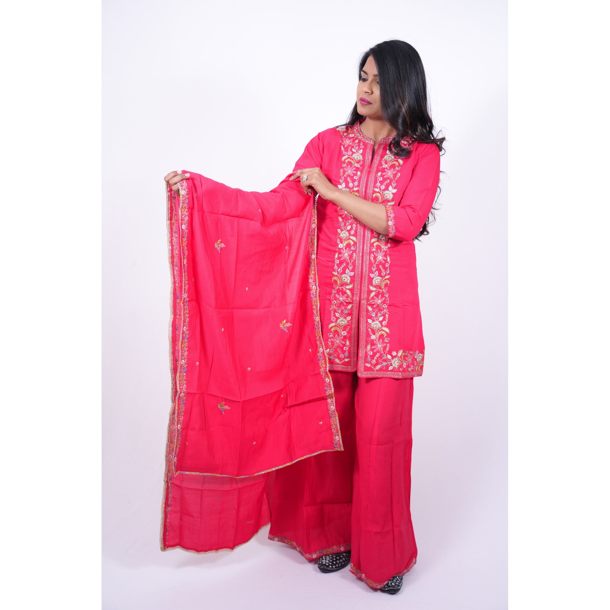 Hot Pink Embroidered Short Kurti & Sharara Set
