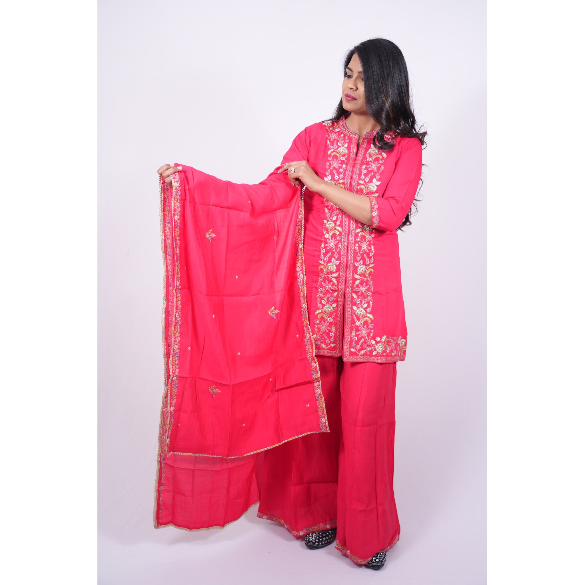 Hot Pink Embroidered Short Kurti & Sharara Set