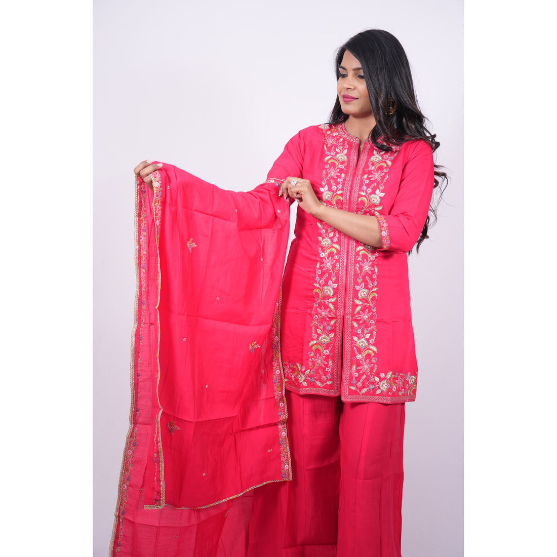 Hot Pink Embroidered Short Kurti & Sharara Set
