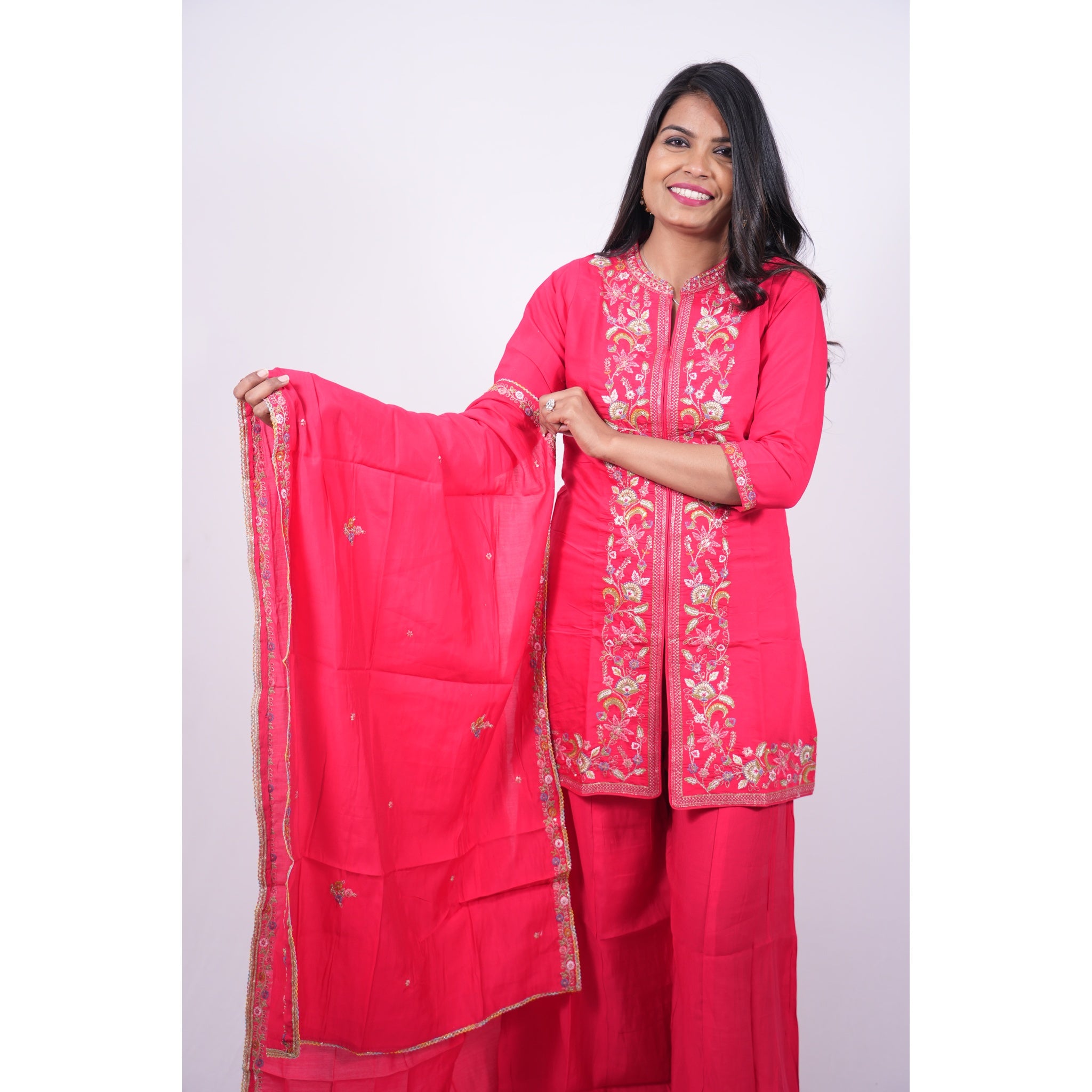 Hot Pink Embroidered Short Kurti & Sharara Set