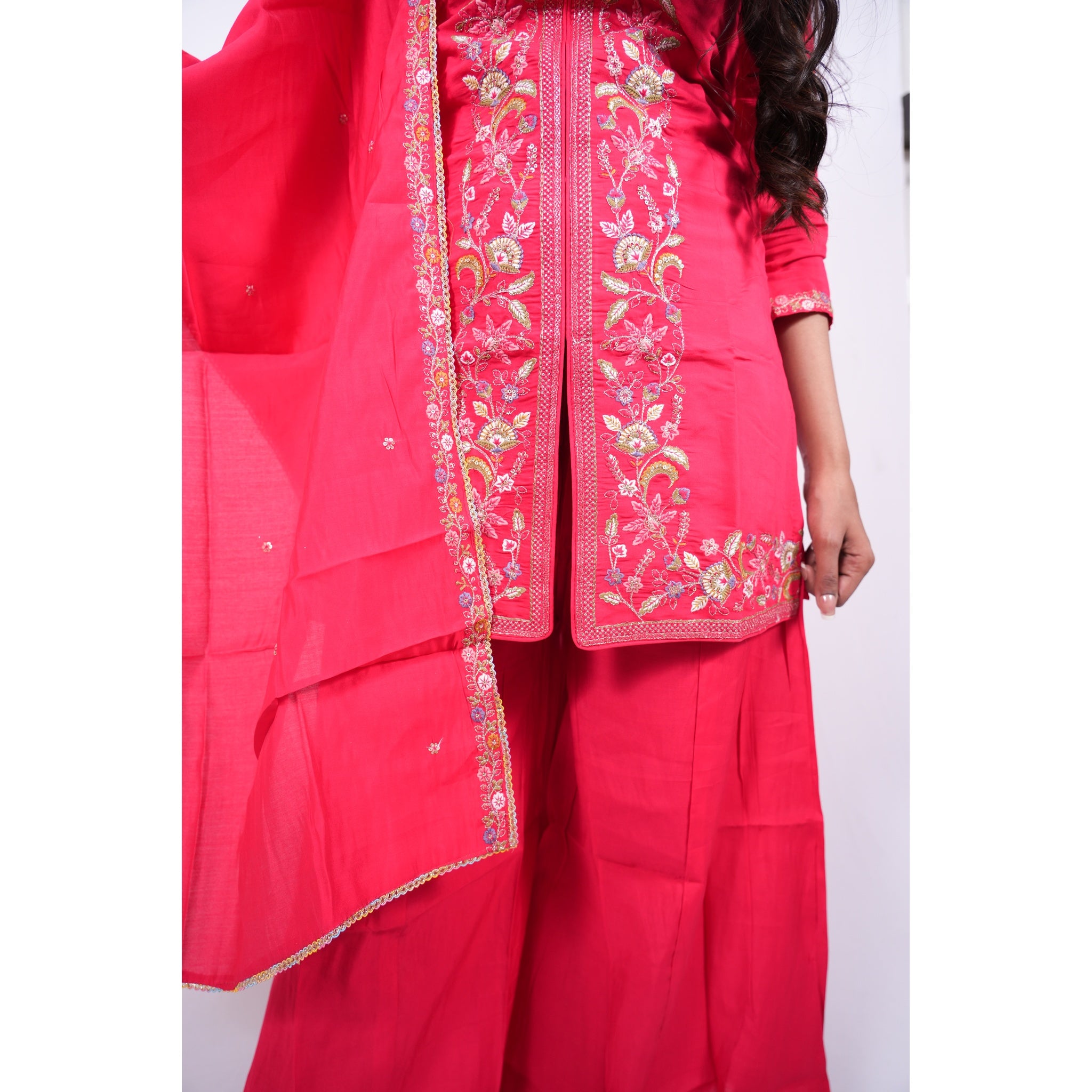 Hot Pink Embroidered Short Kurti & Sharara Set