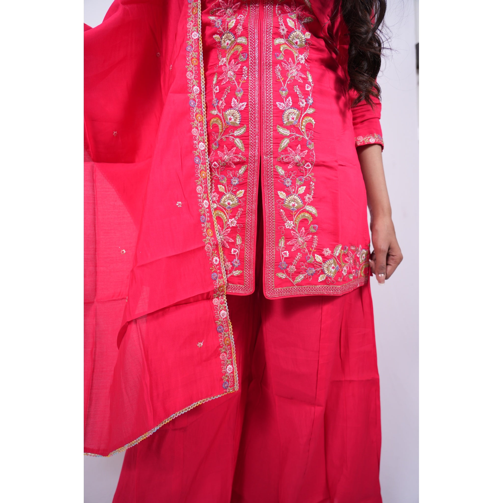 Hot Pink Embroidered Short Kurti & Sharara Set