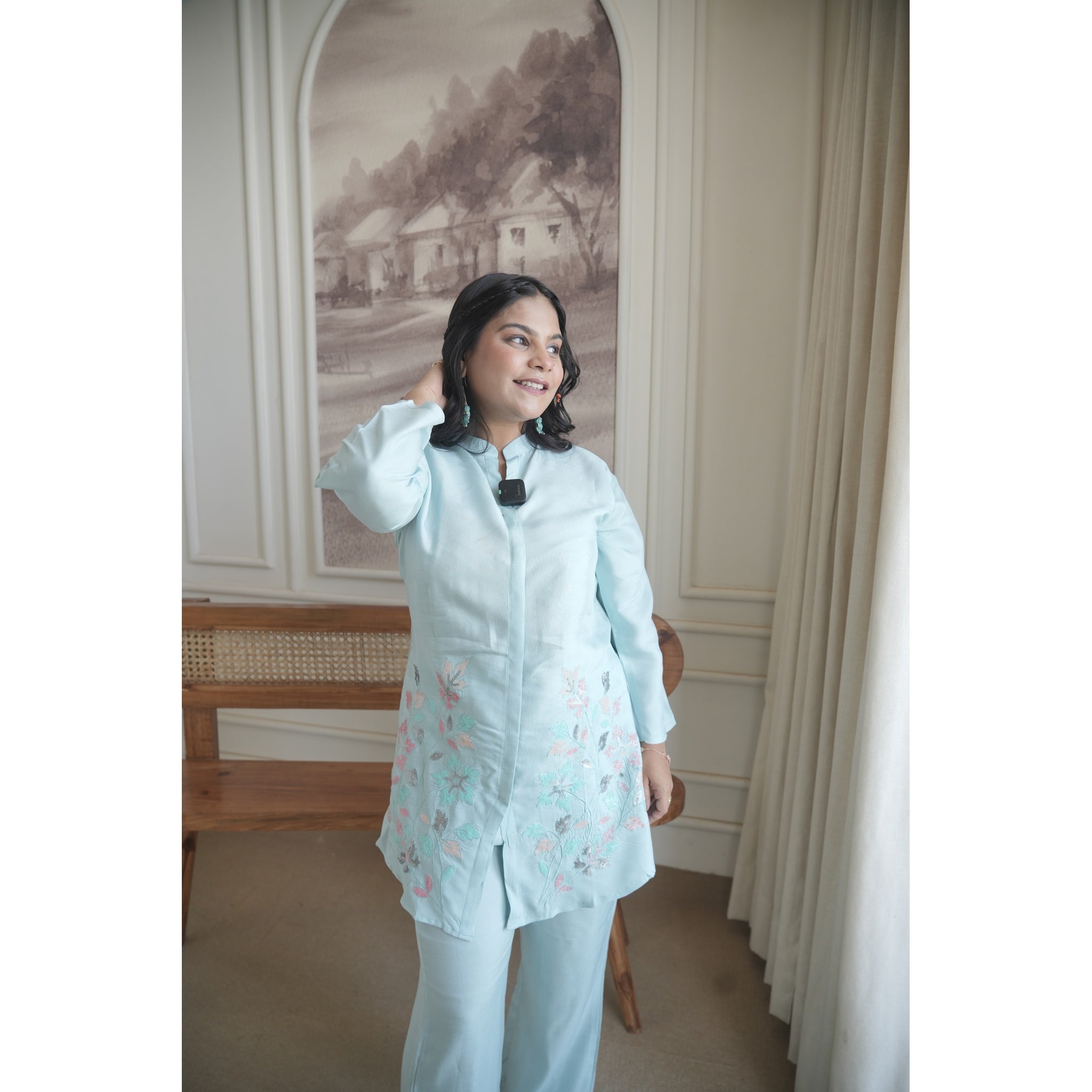 Azure Blossom Embroidered Co-ord Set (Modern & Classy)