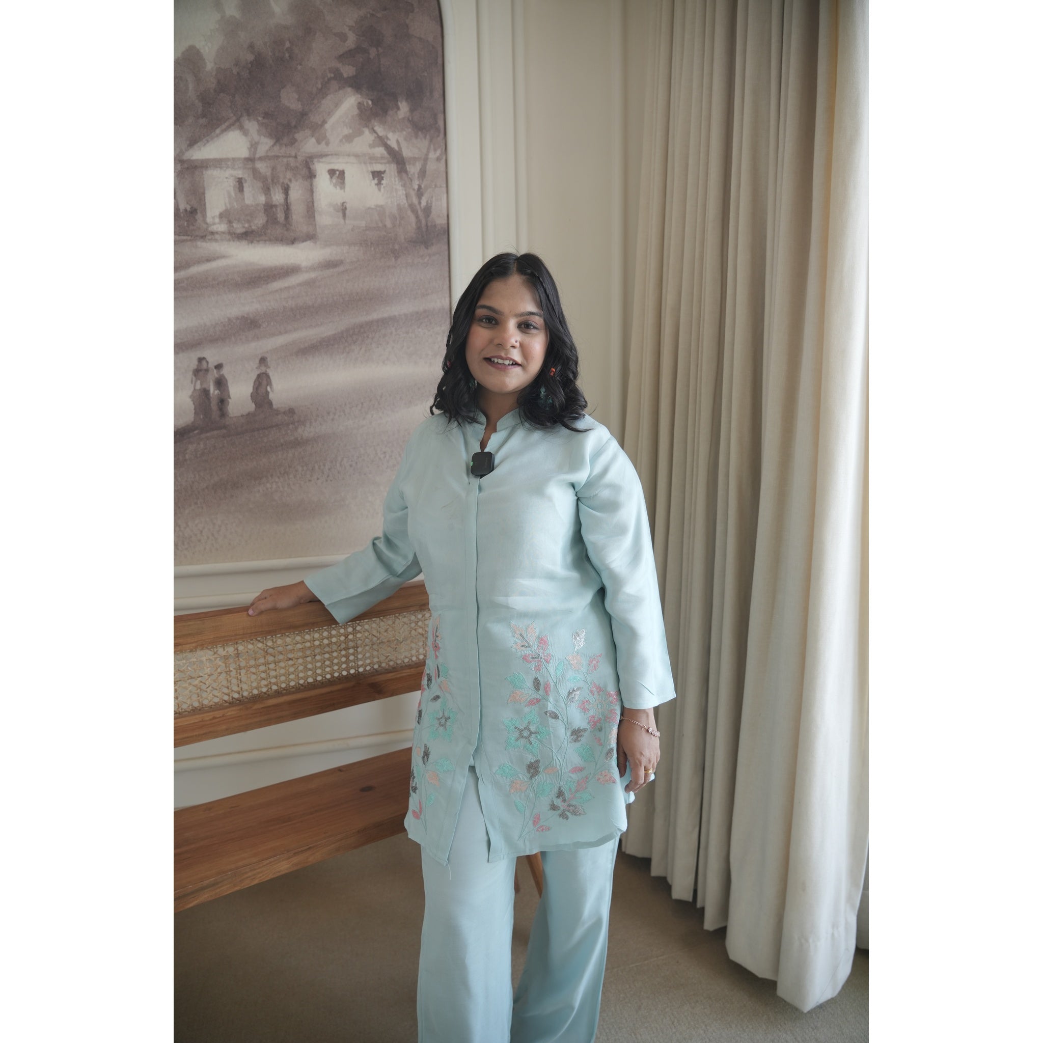 Azure Blossom Embroidered Co-ord Set (Modern & Classy)