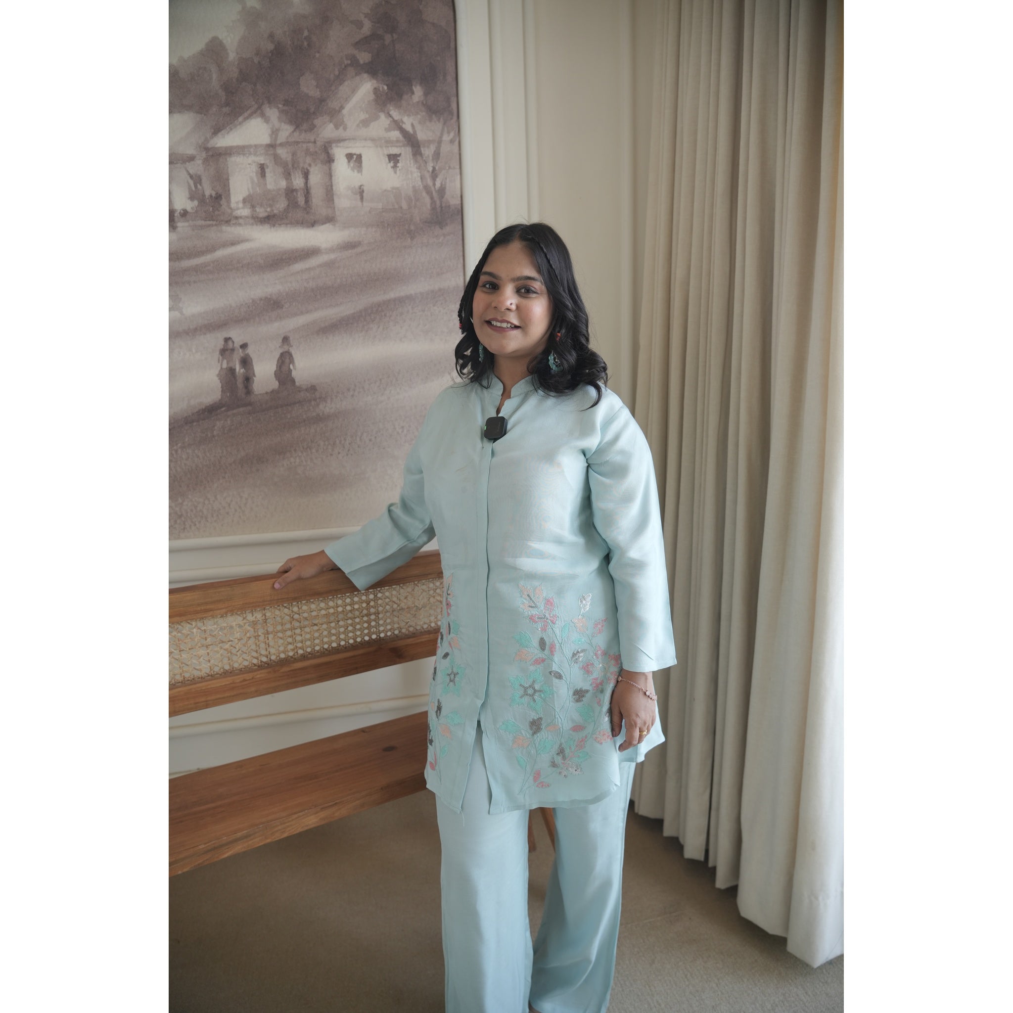 Azure Blossom Embroidered Co-ord Set (Modern & Classy)