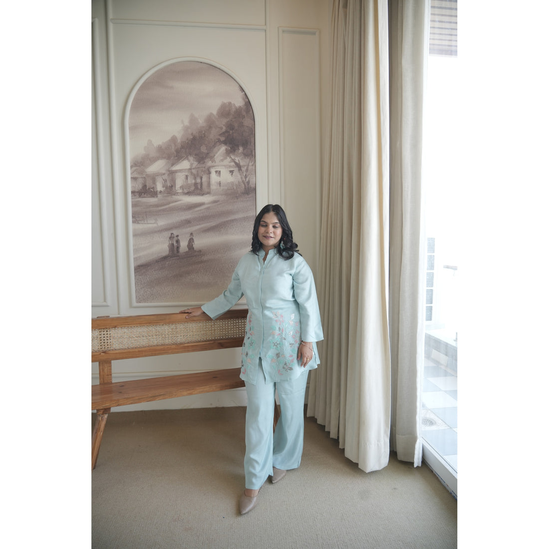 Azure Blossom Embroidered Co-ord Set (Modern & Classy)