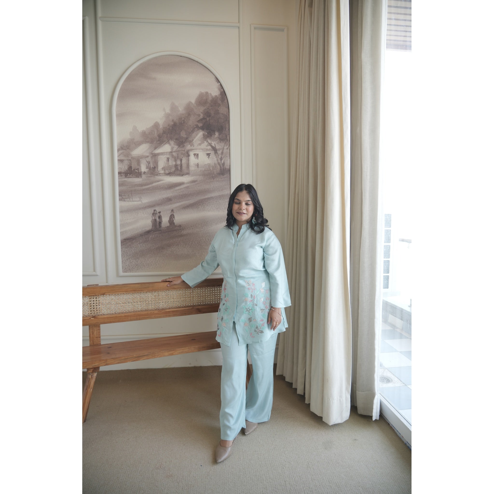 Azure Blossom Embroidered Co-ord Set (Modern & Classy)