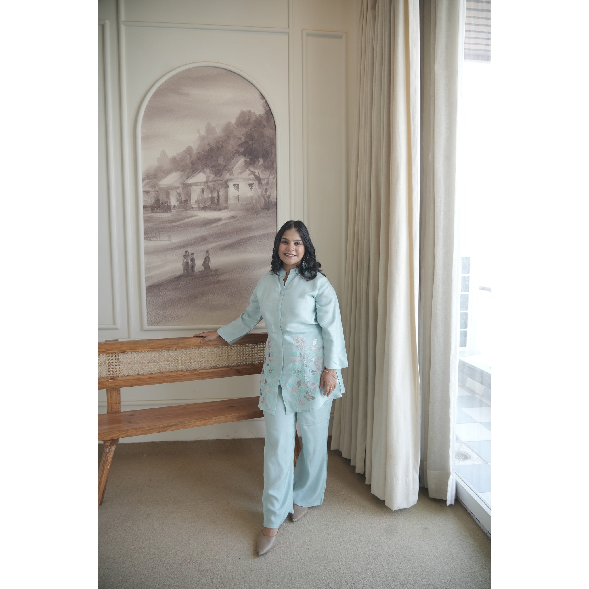 Azure Blossom Embroidered Co-ord Set (Modern & Classy)