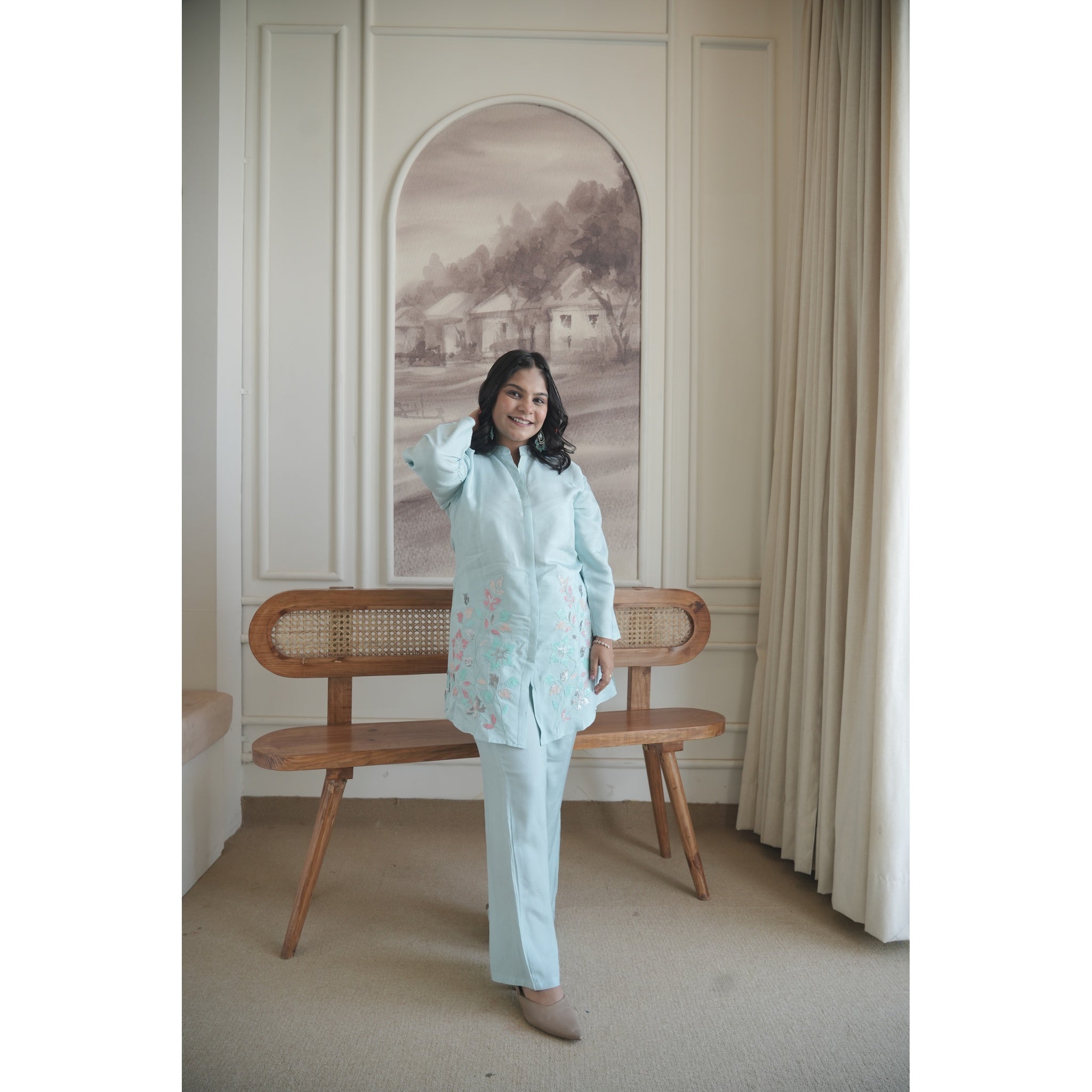 Azure Blossom Embroidered Co-ord Set (Modern & Classy)