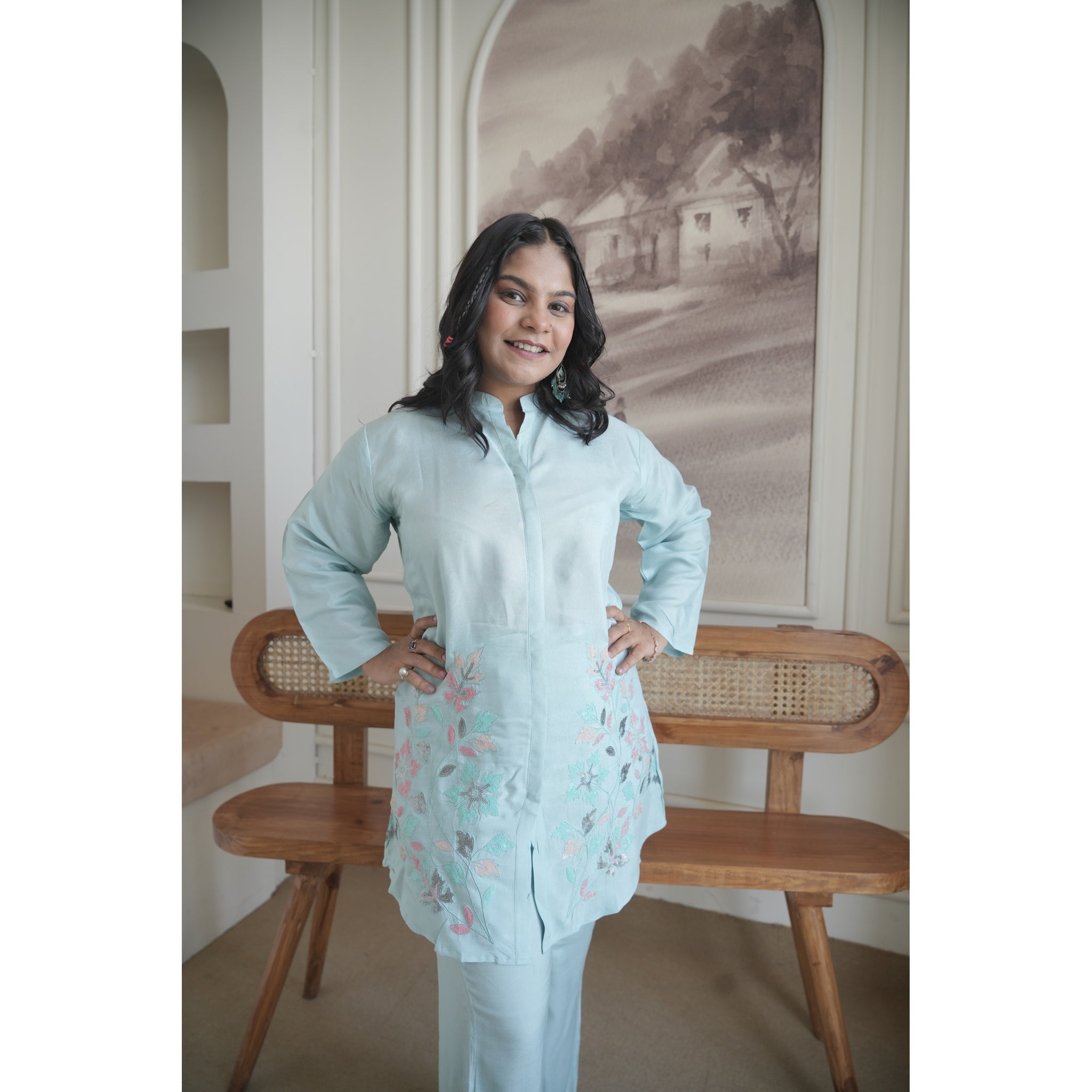 Azure Blossom Embroidered Co-ord Set (Modern & Classy)