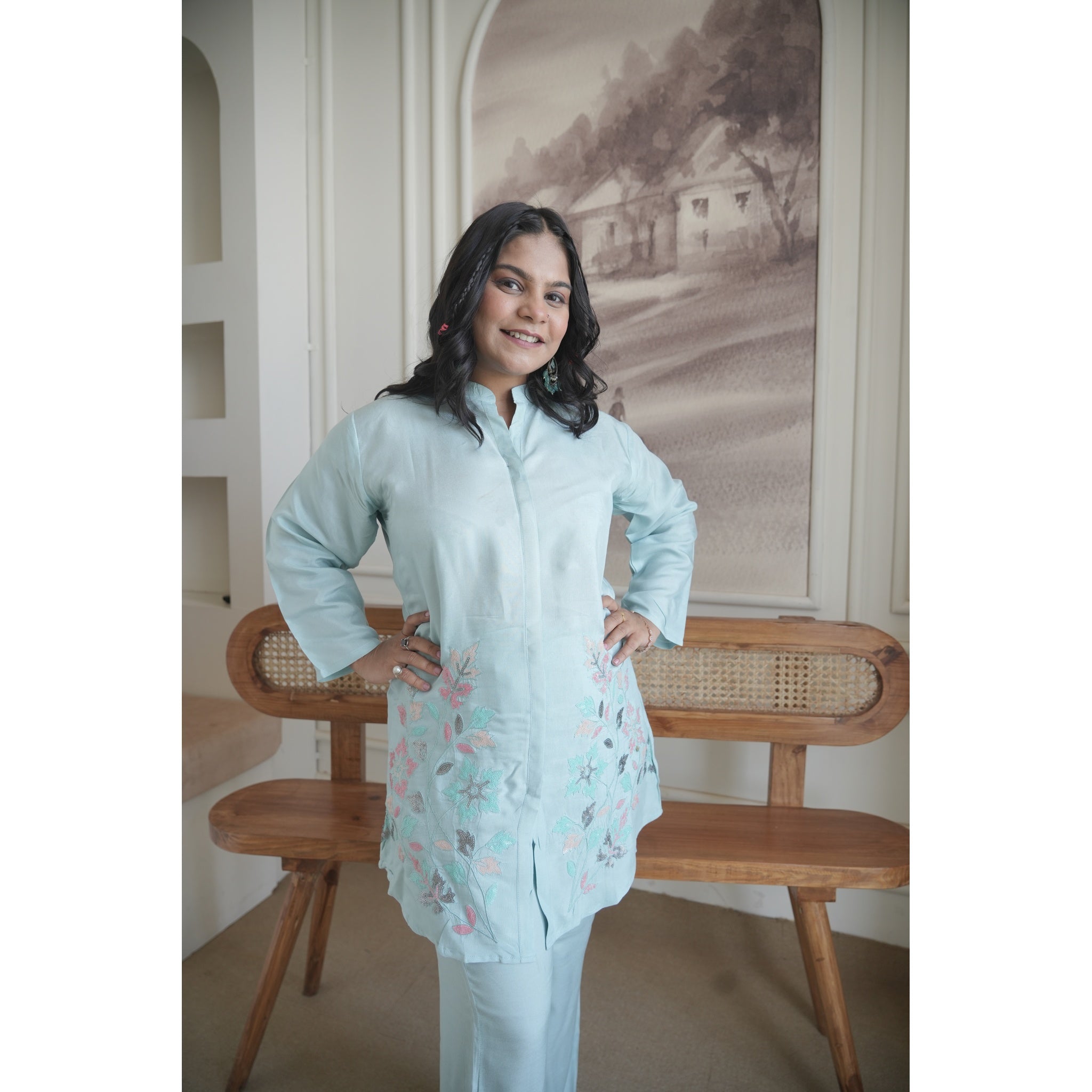 Azure Blossom Embroidered Co-ord Set (Modern & Classy)