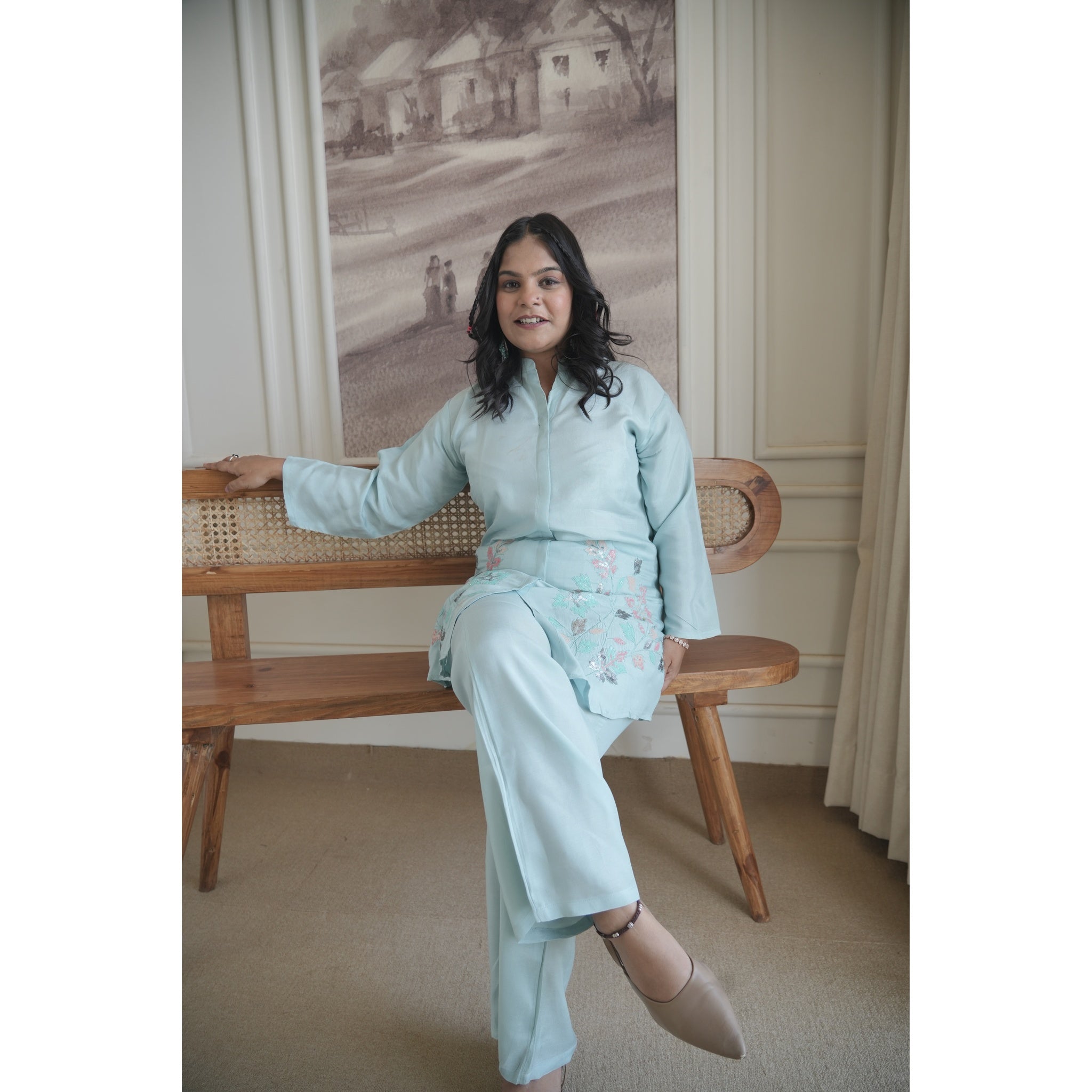 Azure Blossom Embroidered Co-ord Set (Modern & Classy)