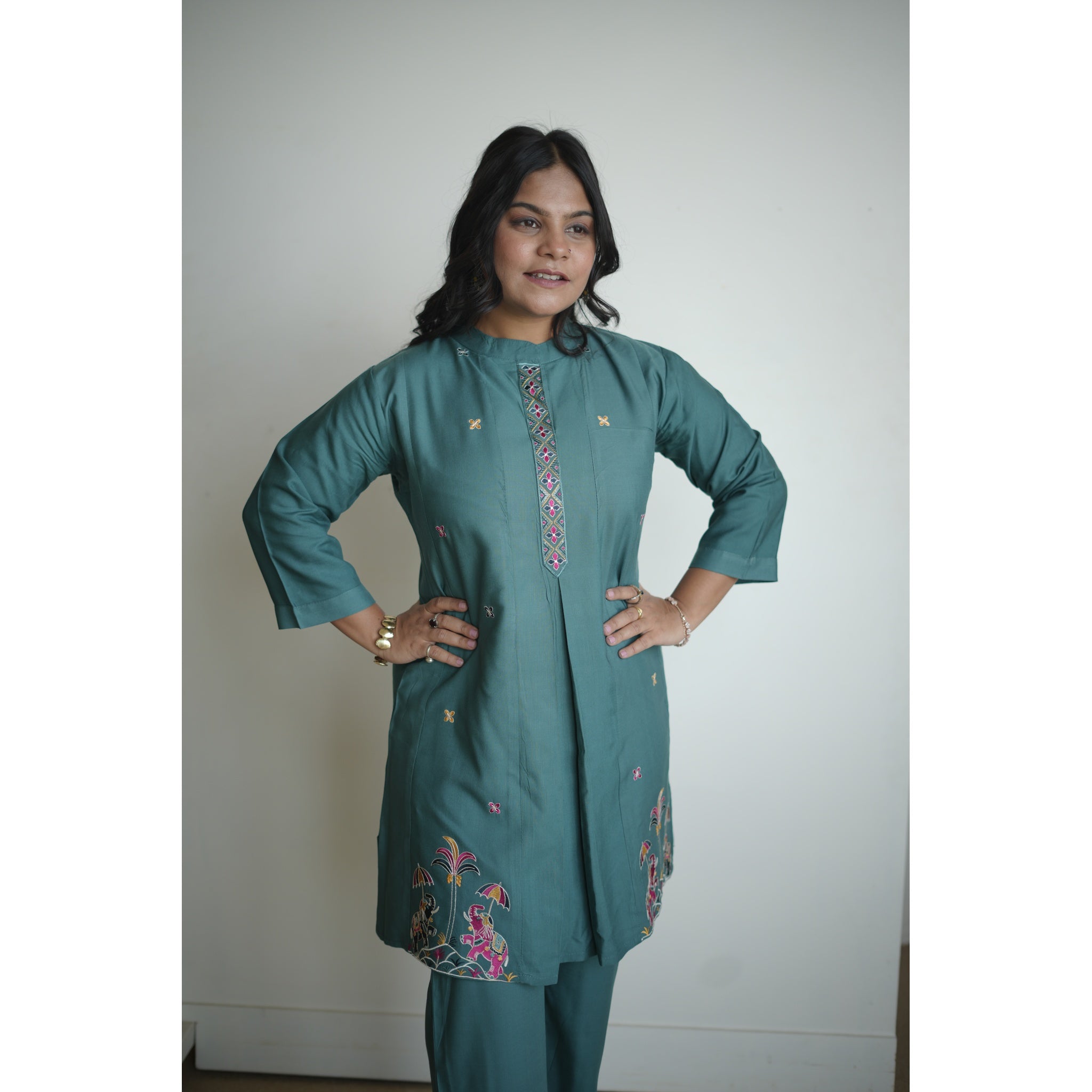 Teal Blue Royal Silk Co-ord Set with Heritage Embroidery