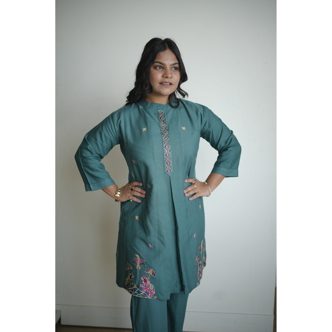 Teal Blue Royal Silk Co-ord Set with Heritage Embroidery