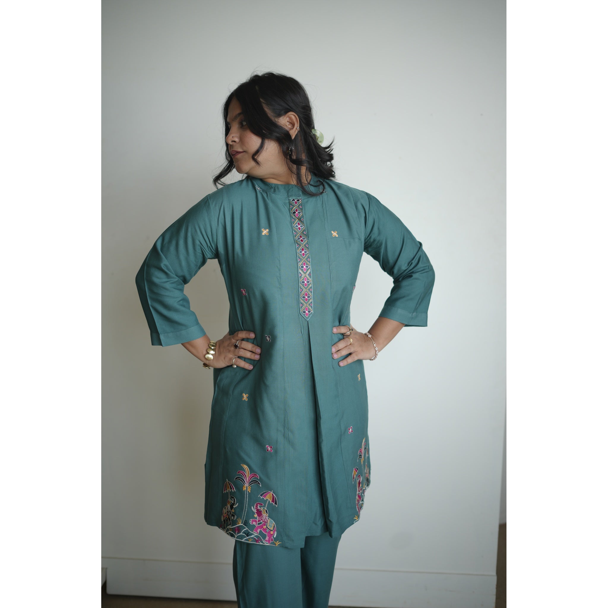 Teal Blue Royal Silk Co-ord Set with Heritage Embroidery