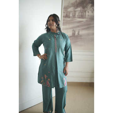 Teal Blue Royal Silk Co-ord Set with Heritage Embroidery