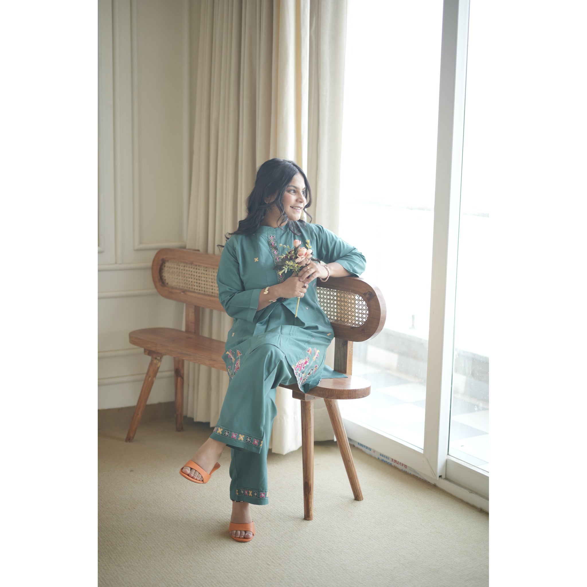 Teal Blue Royal Silk Co-ord Set with Heritage Embroidery
