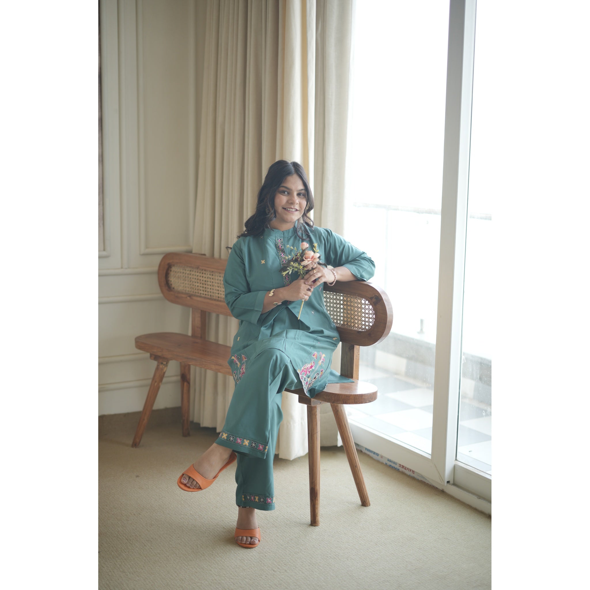 Teal Blue Royal Silk Co-ord Set with Heritage Embroidery