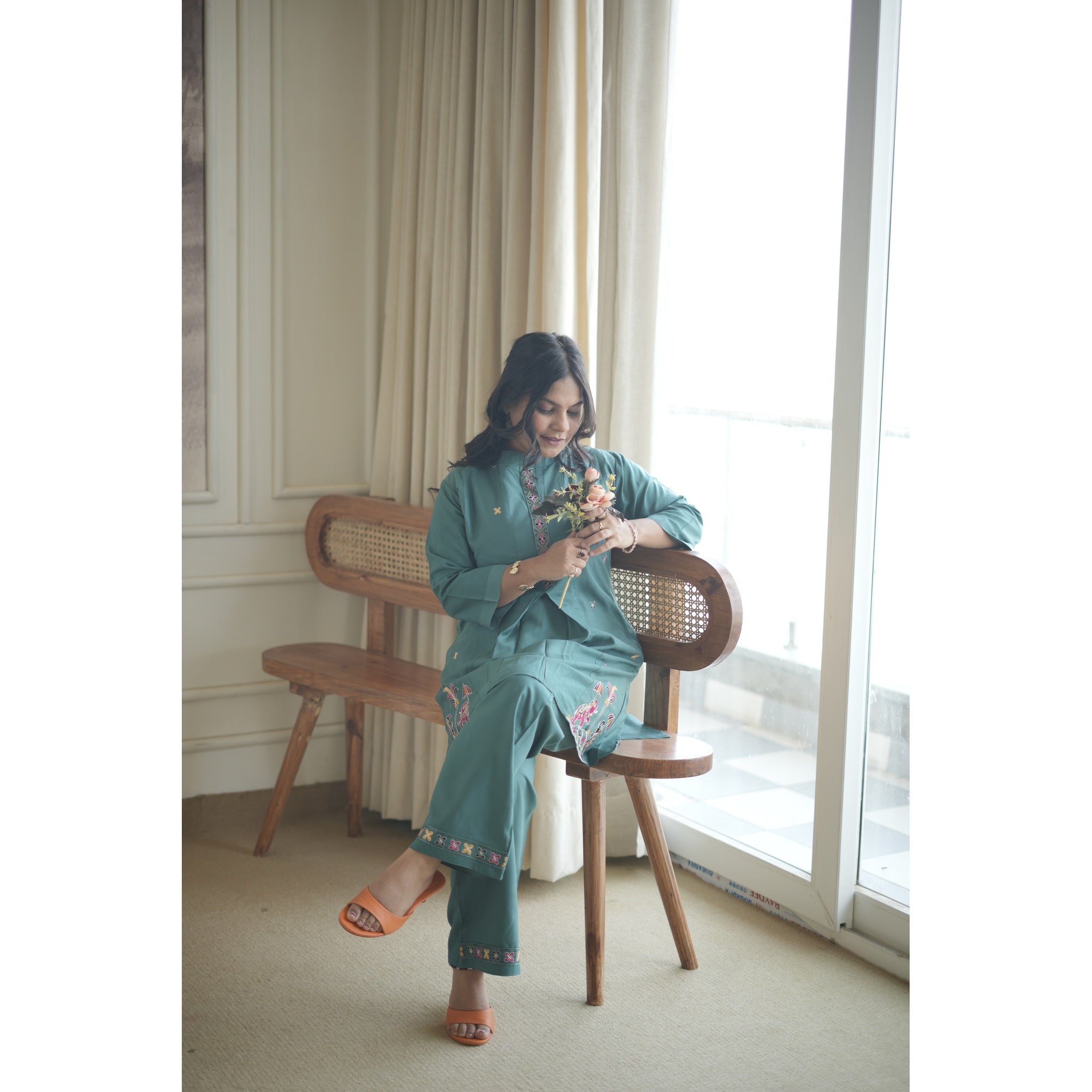Teal Blue Royal Silk Co-ord Set with Heritage Embroidery