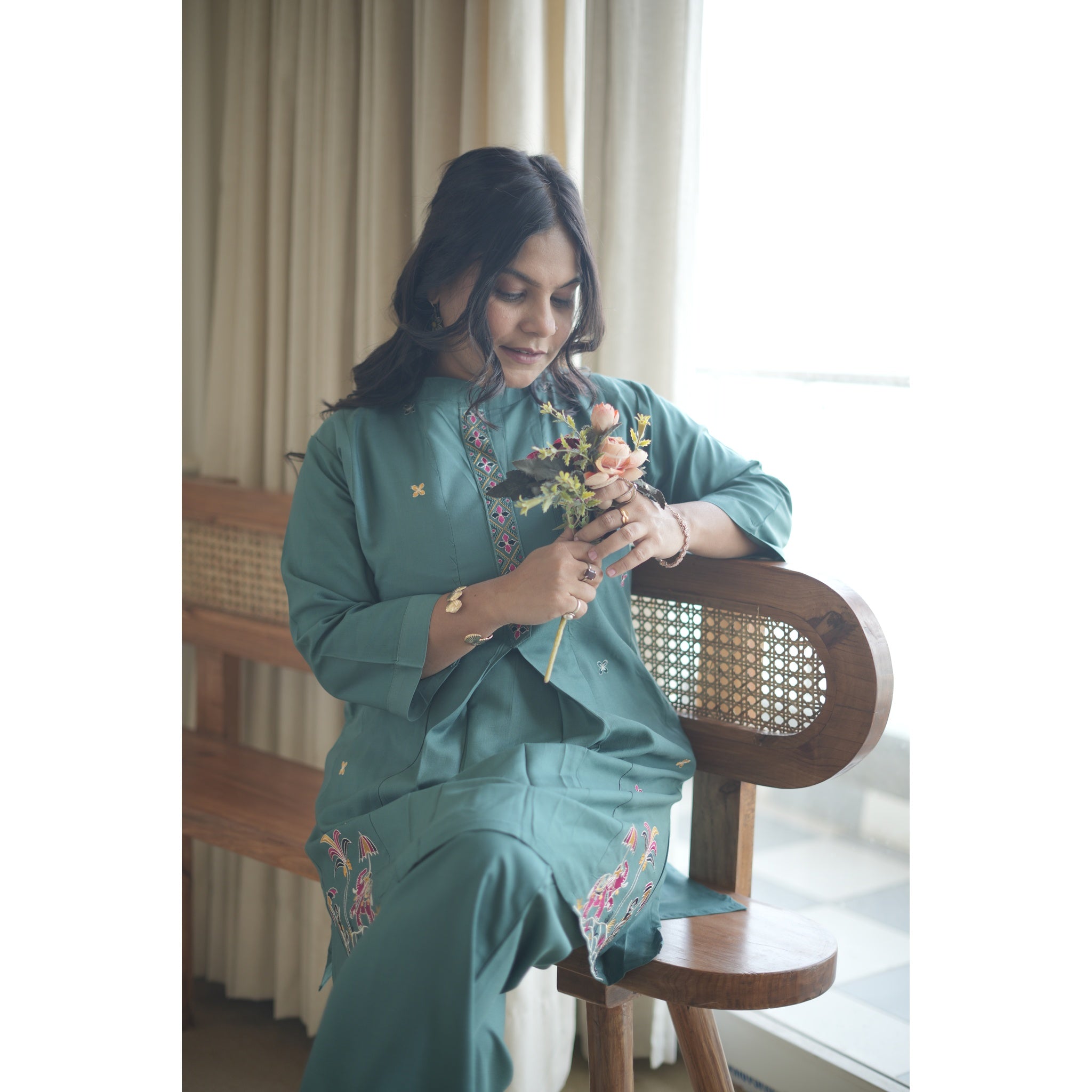 Teal Blue Royal Silk Co-ord Set with Heritage Embroidery